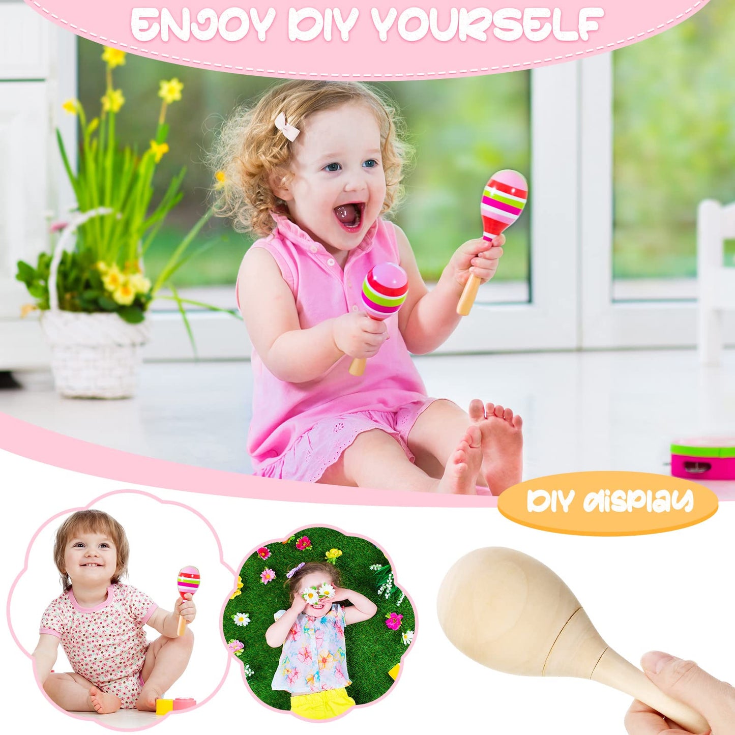 Leitee 6 Pcs DIY Wood Maracas Unfinished Hand Painted Maracas Party Favor Wooden Rumba Shakers Hand Percussion Rattles Musical Instruments with Clear Sound for Kid Adult(Log Color) - Medaid International