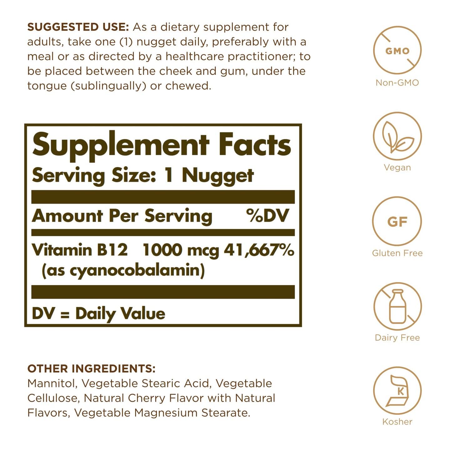 Solgar Sublingual Vitamin B12 1000 mcg - 100 Nuggets - Non-GMO, Vegan, Gluten Free, Dairy Free, Kosher, Halal - 100 Servings - Medaid International