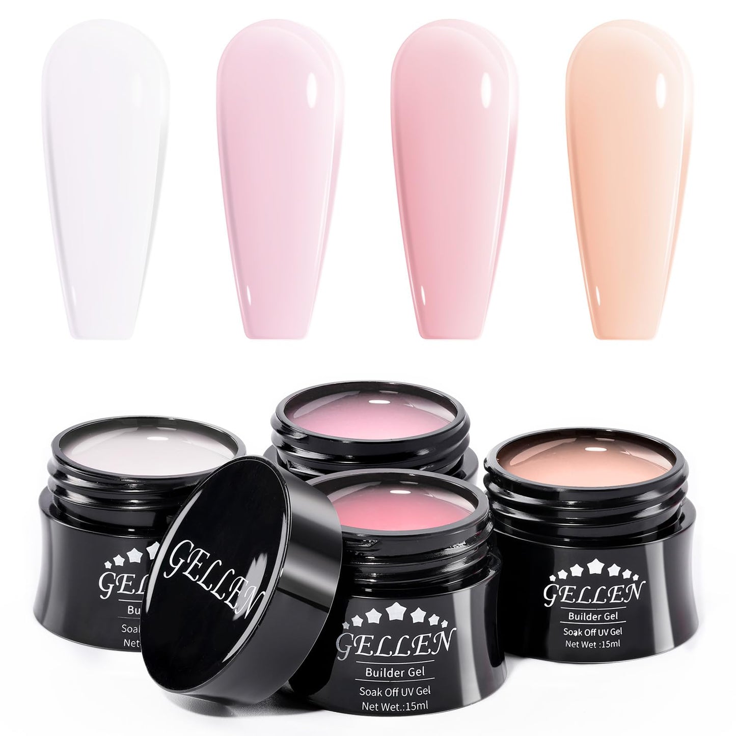 Gellen Professional Extension Poly Gel Soak Off UV Builder Gel Set Acrylic Nail Kit, DIY Home Gel Manicure (15ml, 4 Colors), Peach Clear Pink Lavender - Medaid International