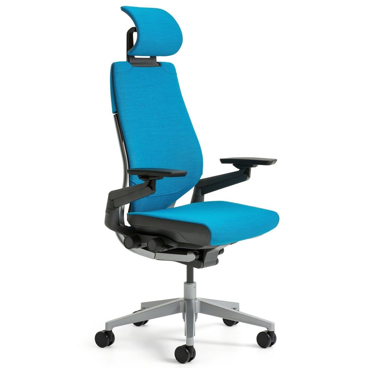 Steelcase Gesture Office Desk Chair with Headrest, Cogent Connect Licorice 5S26 Fabric, Medium Seat Height, Light on Dark Frame, Lumbar Support, and Hard Floor Casters - Medaid International