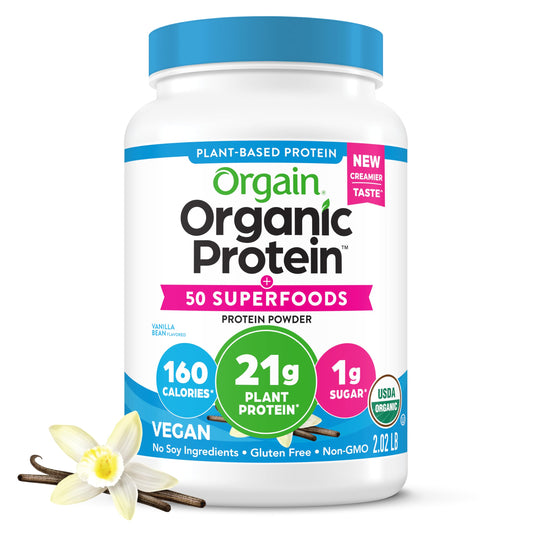 Orgain Organic Vegan Protein + 50 Superfoods Powder, Vanilla Bean - 21g Plant Based Protein, 8g Prebiotic Fiber, No Lactose Ingredients, Gluten Free, No Added Sugar, Non-GMO, 2.02 lb - Medaid International