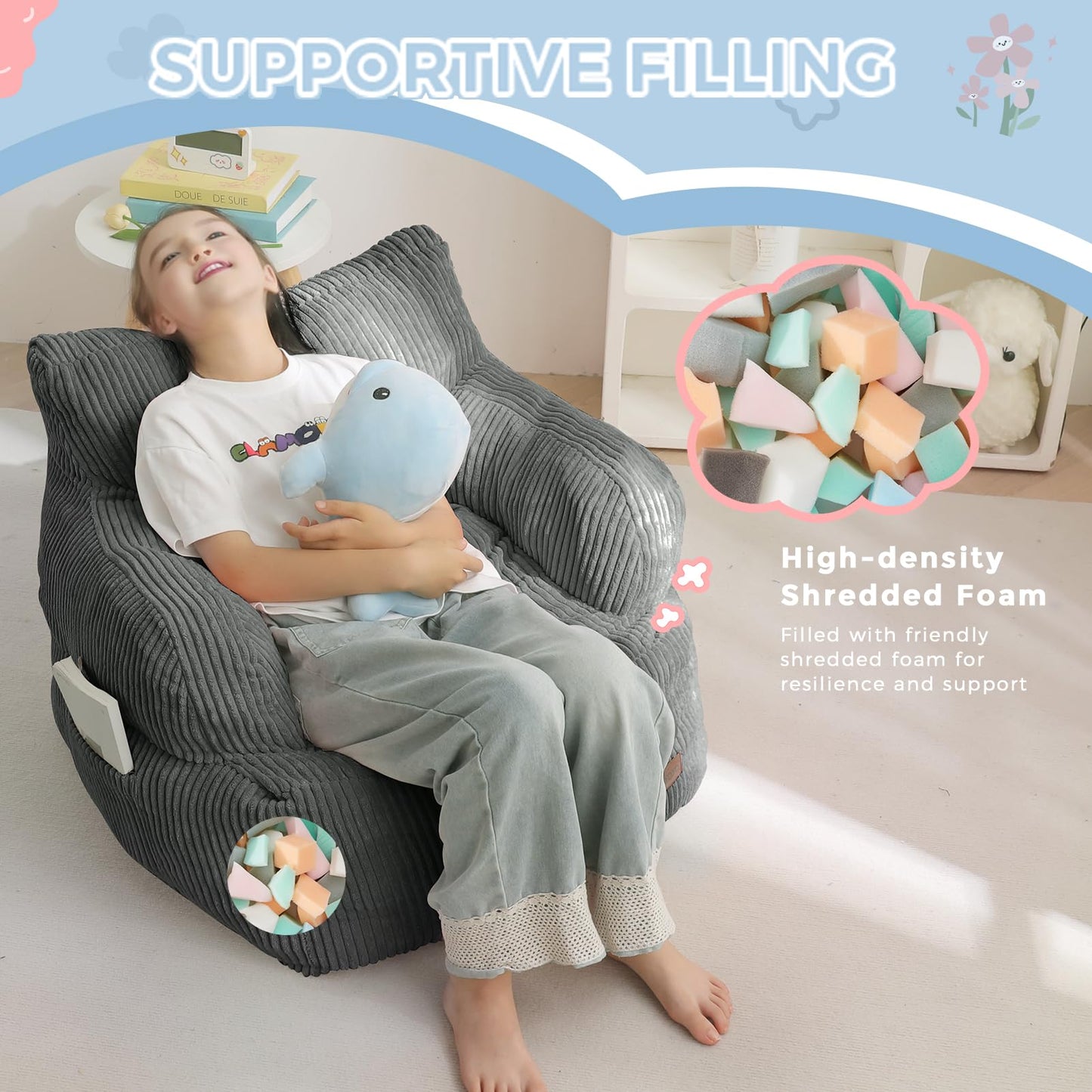 MAXYOYO Kids Bean Bag Chair, Stuffed Toddler Bean Bag Sofa with Filler Bean Bag Chair for Boys and Girls, Lazy Sofa with Pocket Floor Chair for Gaming, Reading, Dark Grey - Medaid International