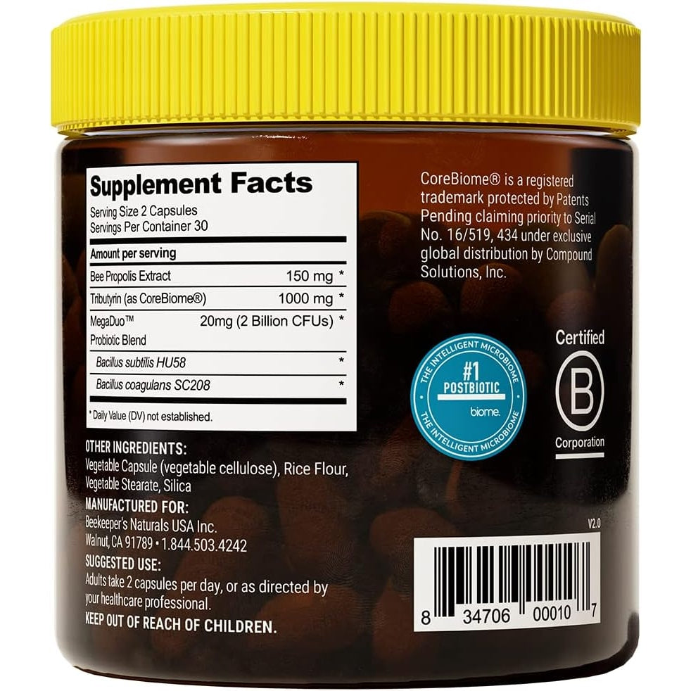 Beekeeper's Naturals Complete Gut Health, 3-in-1 Prebiotic, Postbiotic, Probiotics for Digestive Health & Bloating Relief for Women & Men, Propolis Powered, Gluten-Free Vegan Capsules, 60ct - Medaid