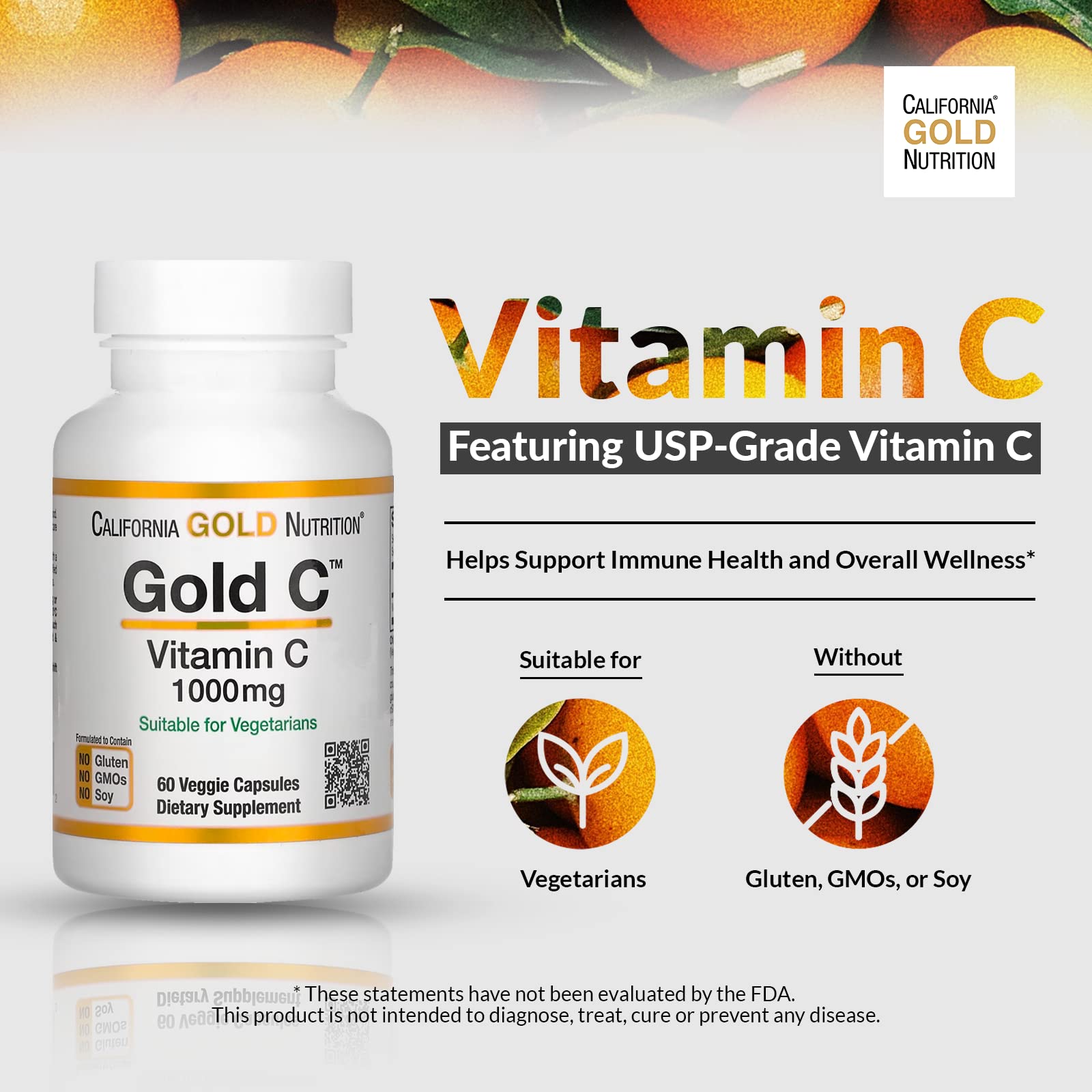 California Gold Nutrition Gold C™, USP Grade Vitamin C, 1,000 mg, 60 Veggie Capsules - Medaid International