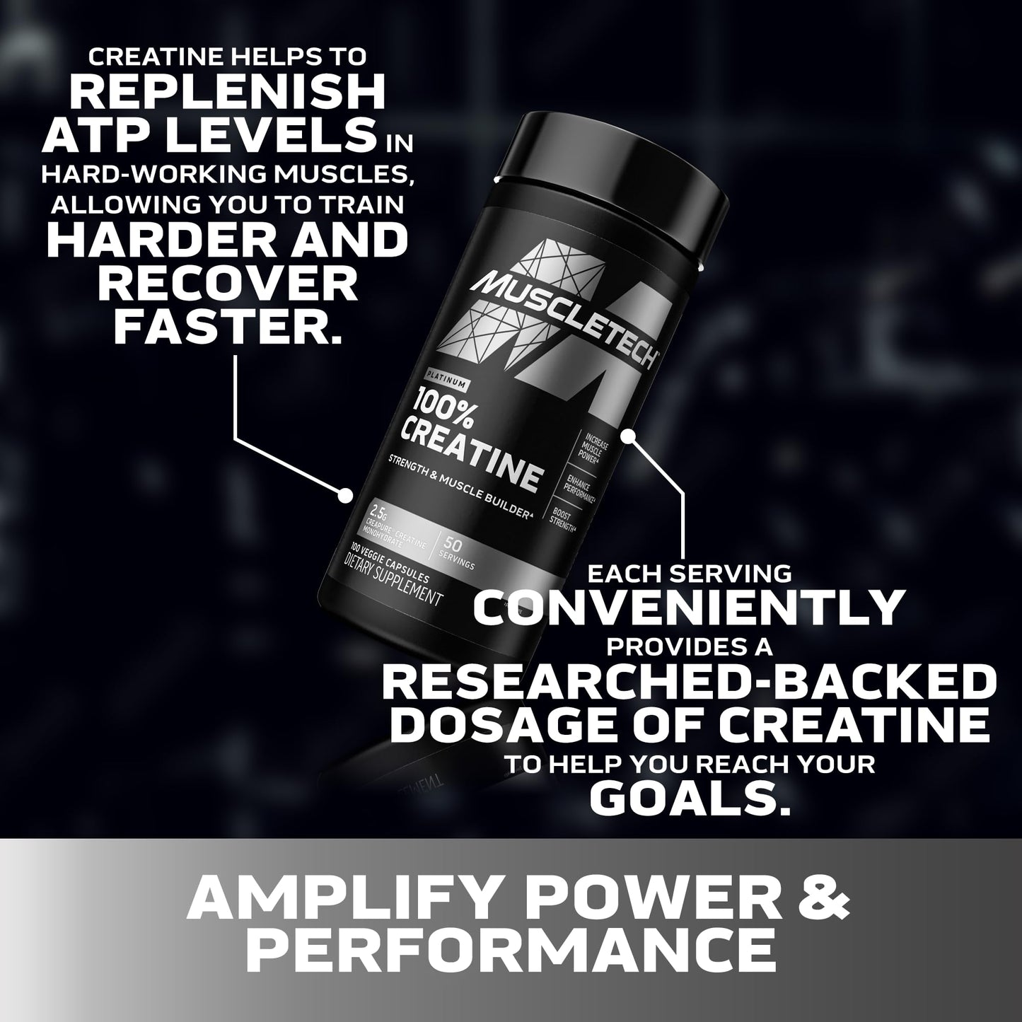 MuscleTech Platinum Creatine Monohydrate Capsules - Creapure Creatine Pre & Post Workout Muscle Builder, Muscle Recovery & Energy Boosting Supplement for Men & Women - 100 Veggie Pills - Medaid International