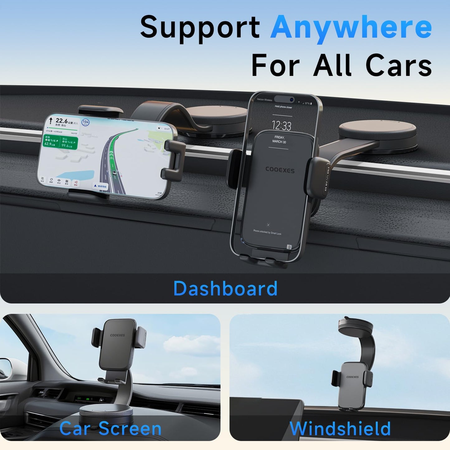 COOEXES Car Phone Holder, 360°Rotation Vacuum Suction Cup Phone Mount - 108LBS Nano Gel for Car, Bendable Arm & One-Hand Release, Truck Phone Holder for iPhone 17 Pro Max Samsung Android - Medaid International