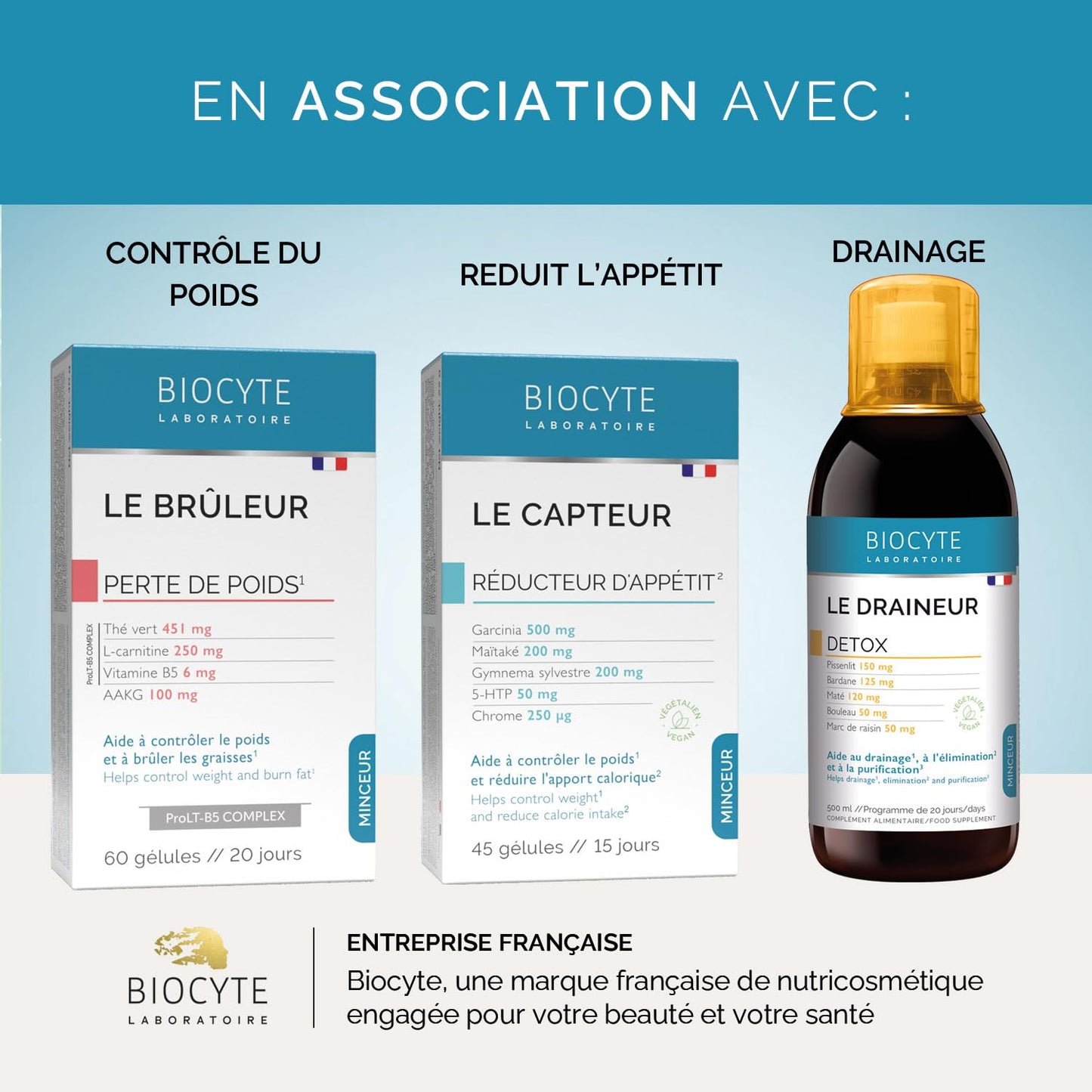 BIOCYTE Le Ventre Plat - Complément Alimentaire Minceur Double Action - Favorise la digestion, Equilibre Flore Intestinale - Probiotiques 5 souches - 30 gélules - Programme de 15 Jours - Végétarien - Medaid International