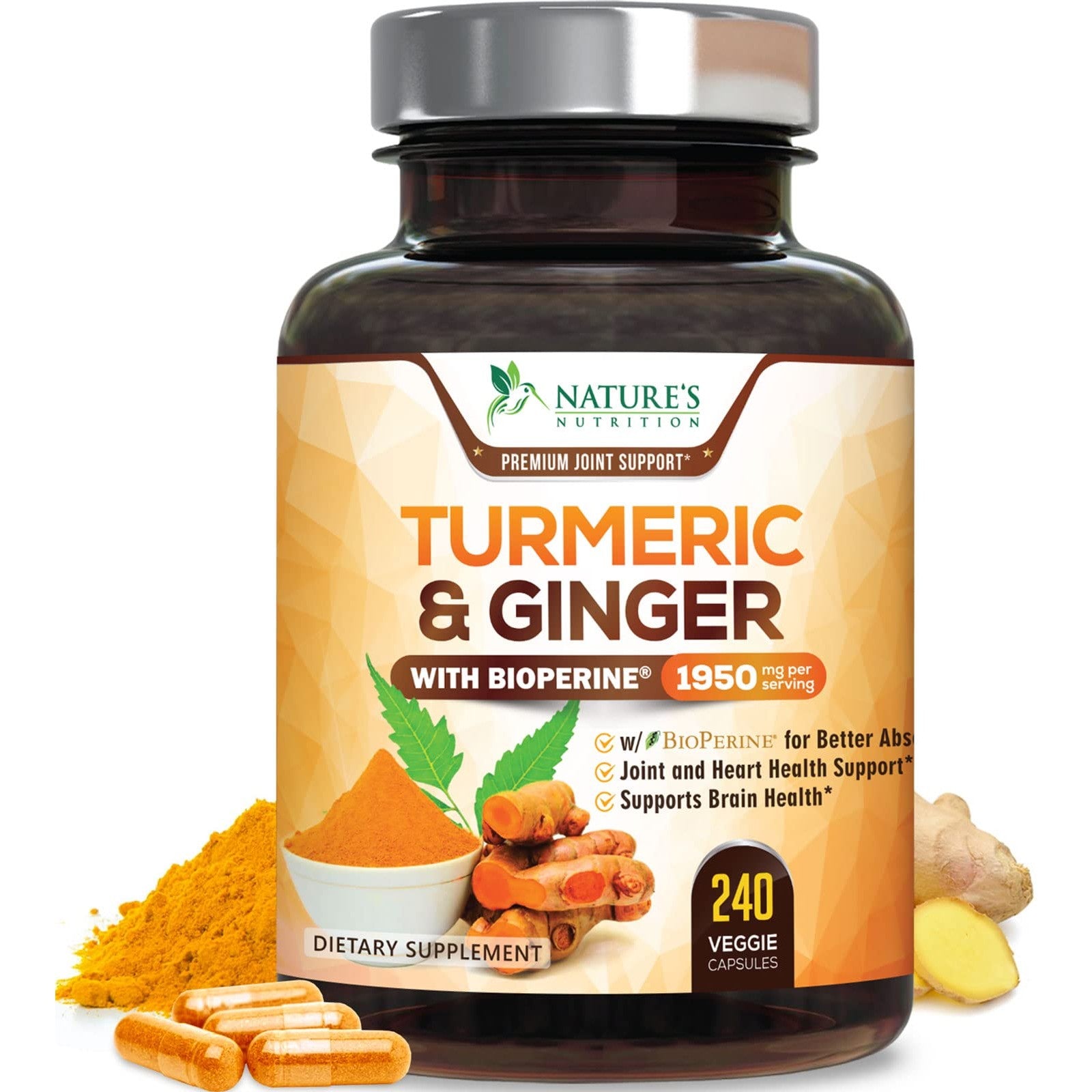 Turmeric Curcumin Supplement 1950mg - 95% Curcuminoids with Organic Turmeric & Ginger, BioPerine Black Pepper for Best Absorption, Nature's Vegan Joint Support, Non-GMO, Bottled in USA - 240 Capsules - Medaid International