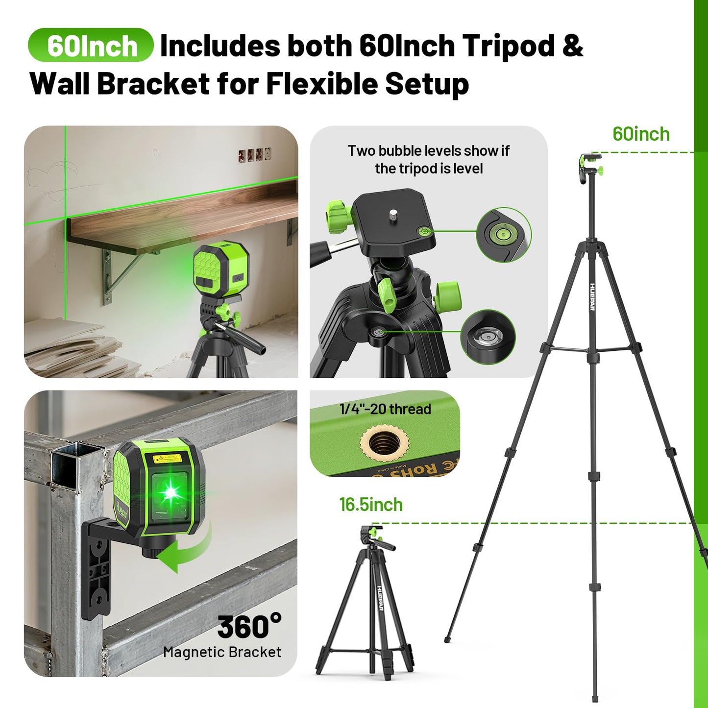 Laser Level with 60 Inch Tripod, Huepar 100Ft Self Leveling Laser Level Rechargeable Green Cross Line Lazer Leveler Tool for Picture Hanging, Tile, Home Renovation, 360° Magnetic Bracket &Target Plate - Medaid International