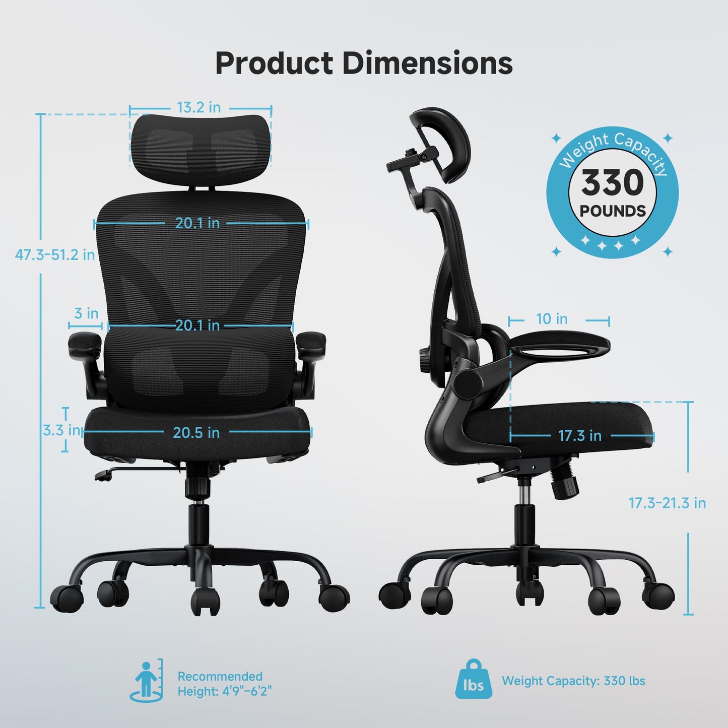 PKPT Ergonomic Desk Chair with Adjustable Lumbar Support & Headrest, 330 LBS High Back Mesh Office Chair with Adjustable Armrest for Long Hours, Executive Large Computer Chair, Black - Medaid International