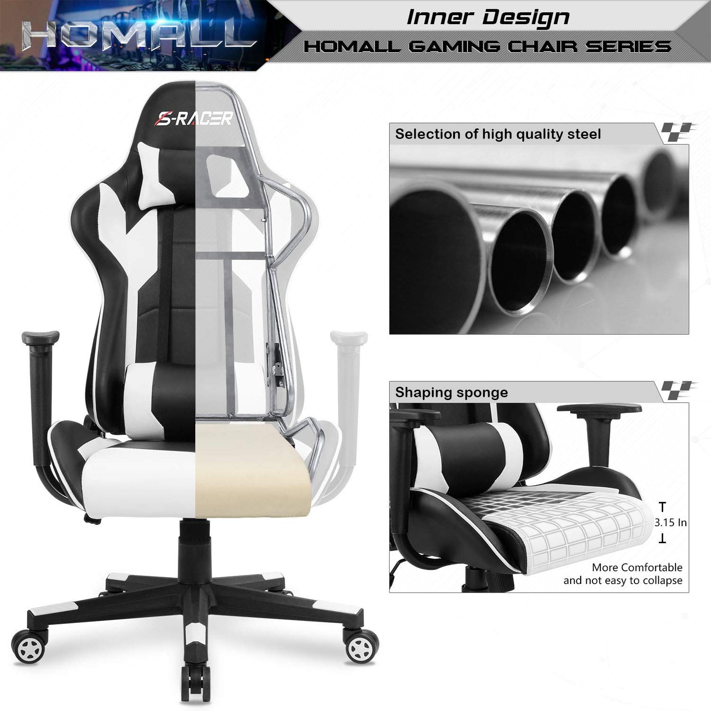 Homall Gaming Chair, Office Chair High Back Computer Chair Leather Desk Chair Racing Executive Ergonomic Adjustable Swivel Task Chair with Headrest and Lumbar Support (White) - Medaid International