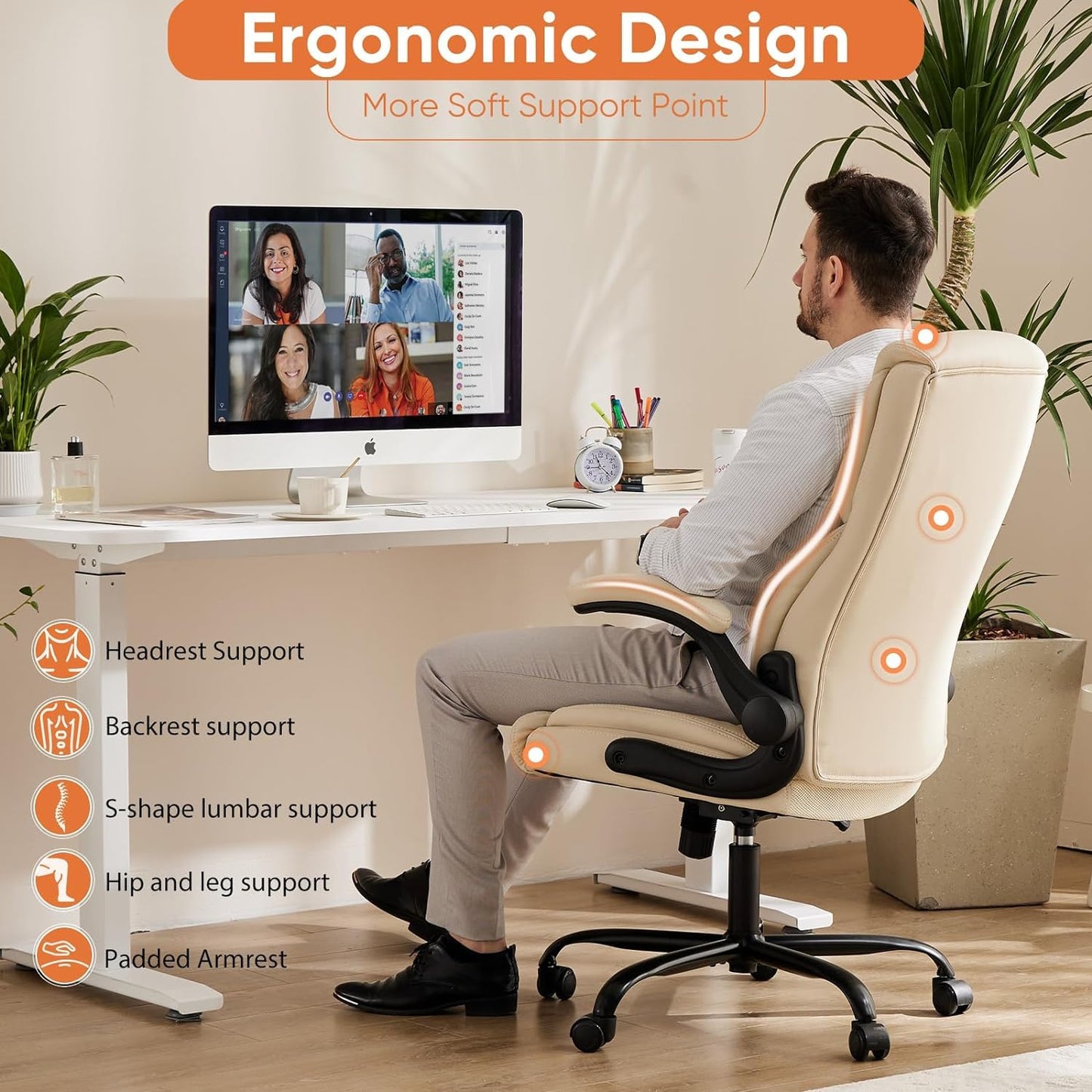 Sweetcrispy Ergonomic Office Chair Heavy Duty Task Desk Chair with Flip-up Arms, PU Leather, Adjustable Swivel Rolling Chair with Wheels, Beige - Medaid International