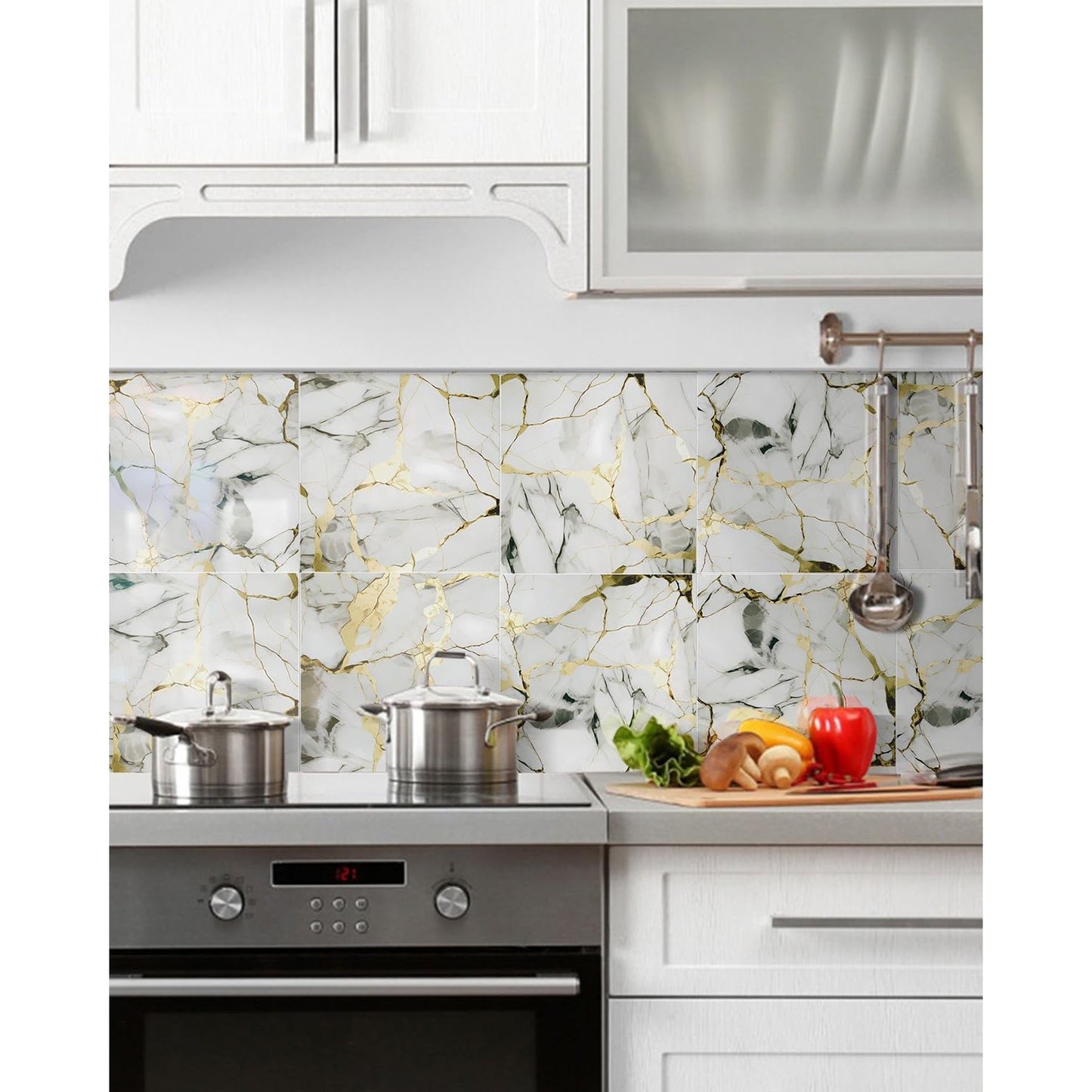 BESTWOO 10 Sheets Marble Peel and Stick Backsplash Tile, 12"x12" Waterproof PVC Self Adhesive Tile Shower Wall Panels for Bathroom, Kitchen, Living Room (Gold White) - Medaid International