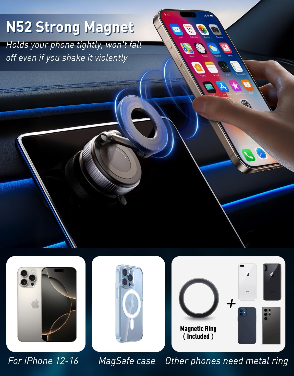 E EAKSON Magnetic Suction Cup Phone Mount for Magsafe, 360° Adjustable Magnetic Car Phone Holder, Pocket Size Foldable Car Mount, Cell Phone Holders for Your Car for iPhone 17 16 15 14 13 12 Series - Medaid International