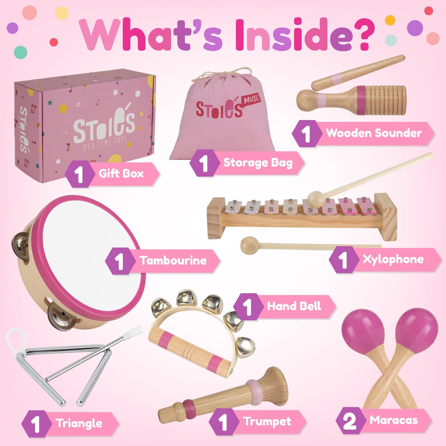 Stoie’s Wooden Music Set Pink Sensation, Montessori Musical Instruments for Toddlers 3-9 with Xylophone, Tambourine and Maracas, Educational Development and Creativity, Baby Musical Instruments - Medaid International