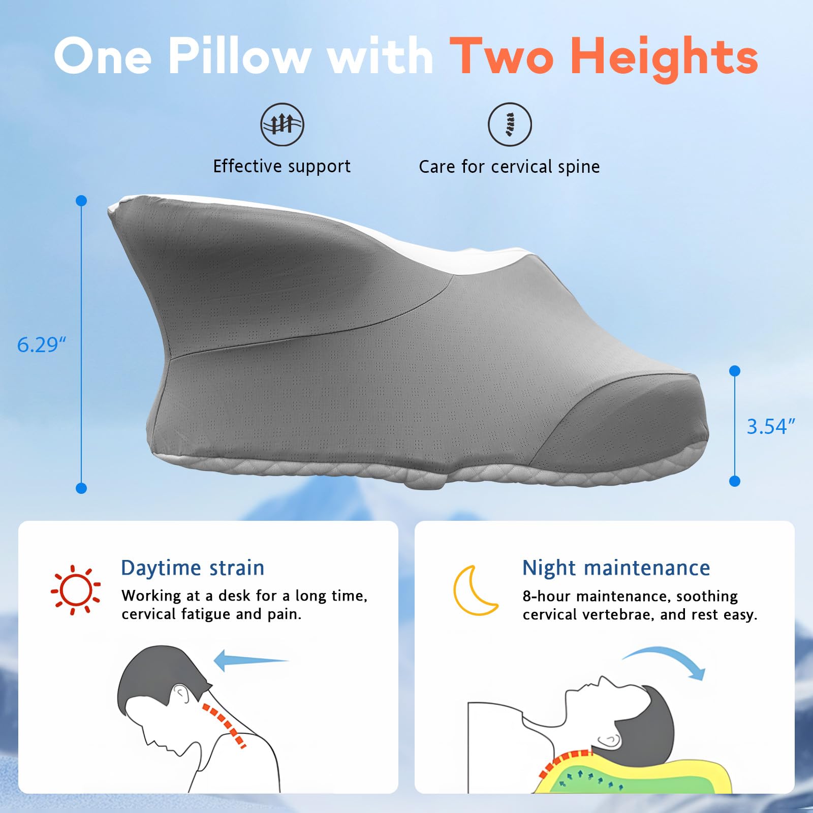 Dual-Height Cervical Neck Pillow for Pain Relief, Memory Foam Pillows with Cooling Tech -3D Ergonomic Support, Cooling Cover, for Side/Back/Stomach Sleeper Pillow, Minimalist Style - Gray,White - Medaid International