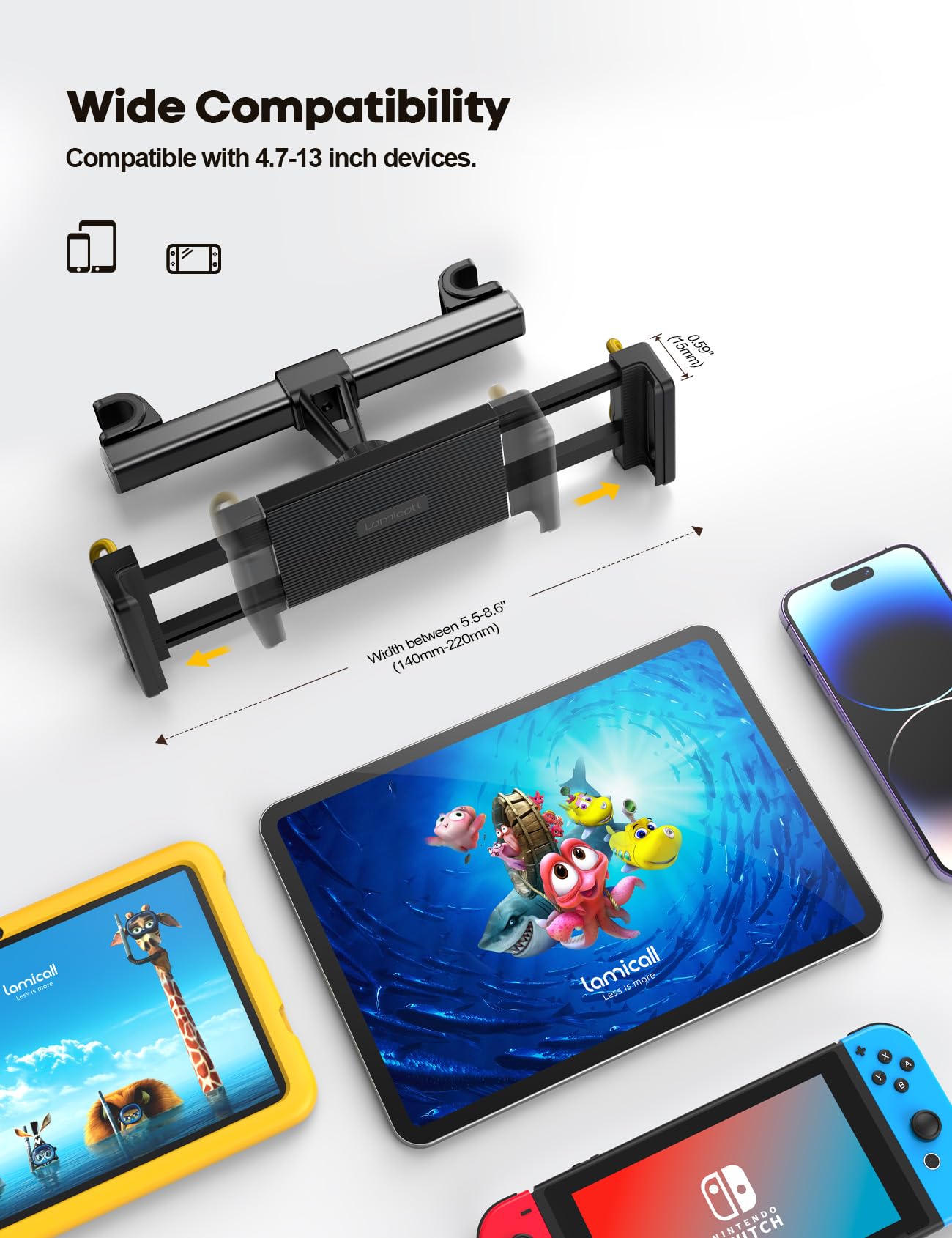 Lamicall Car Tablet Headrest Holder - Car Back Seat Headrest Tablet Mount Stand for Kids, Road Trip Essentials, Compatible with 2024 iPad Pro 11/13", Air Mini, Galaxy Tab, 4.7-13" Devices, Black - Medaid International