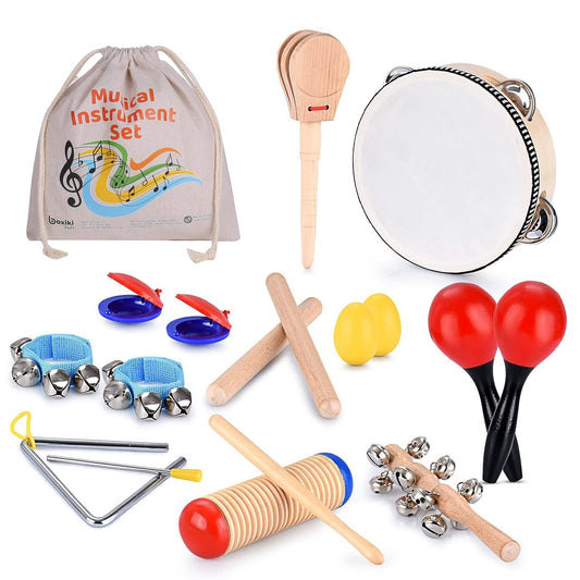 Boxiki kids Musical Instruments Set of 16 PCS - Toddler Educational & Musical Percussion for Kids - with Tambourine, Maracas & Castanets & More to Fine Motor Skills - 3+ Years Olds - Medaid International