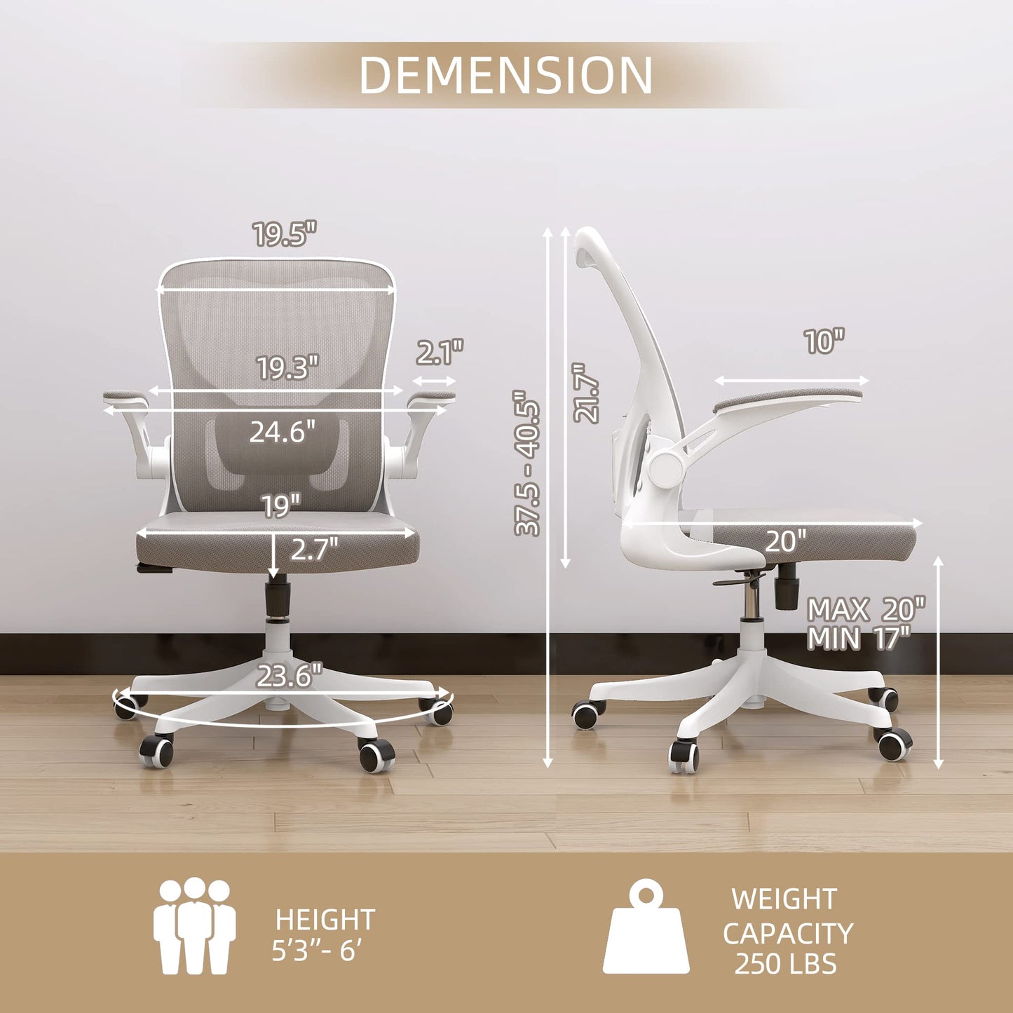 Monhey Office Chair Ergonomic Desk Chair with Lumbar Support&Headrest&Flip-up Arms Height Adjustable Rocking Swivel High Back Computer Chair Warm Taupe Mesh Study Chair (01Khaki) - Medaid International