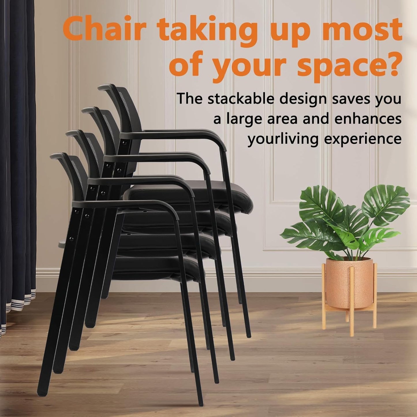 CLATINA Stackable Office Chair, Mesh Back Guest Chairs with Comfortable Leather Seat Arms Stacking Ergonomic Desk Chair No Wheels for Conference Waiting Reception School Stationary, Black, Set of 8 - Medaid International