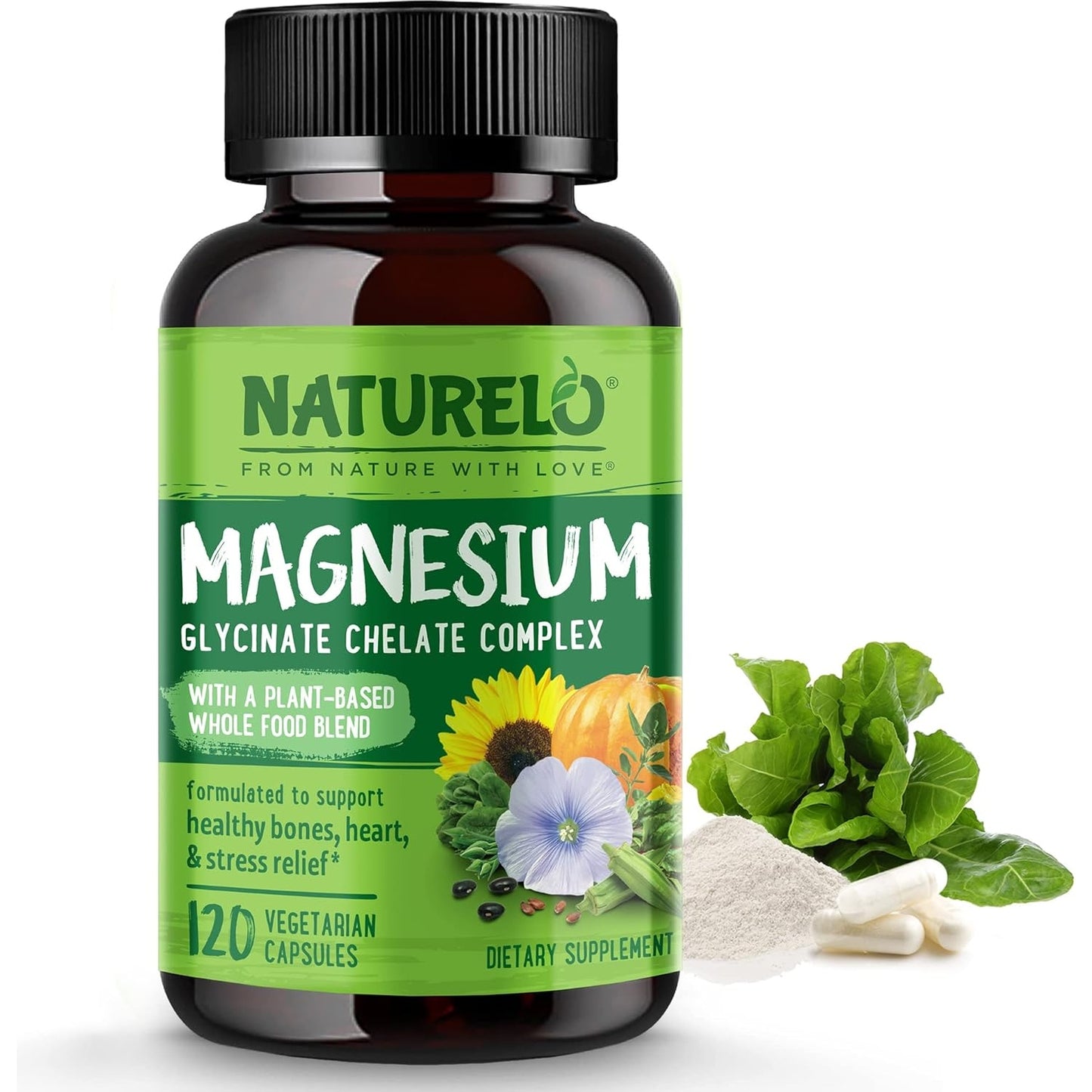 NATURELO Magnesium Glycinate Chelate Complex - 200 mg Magnesium with Organic Vegetables to Support Sleep, Calm, Muscle Cramp & Stress Relief – Gluten Free, Non GMO - 120 Capsules - Medaid International