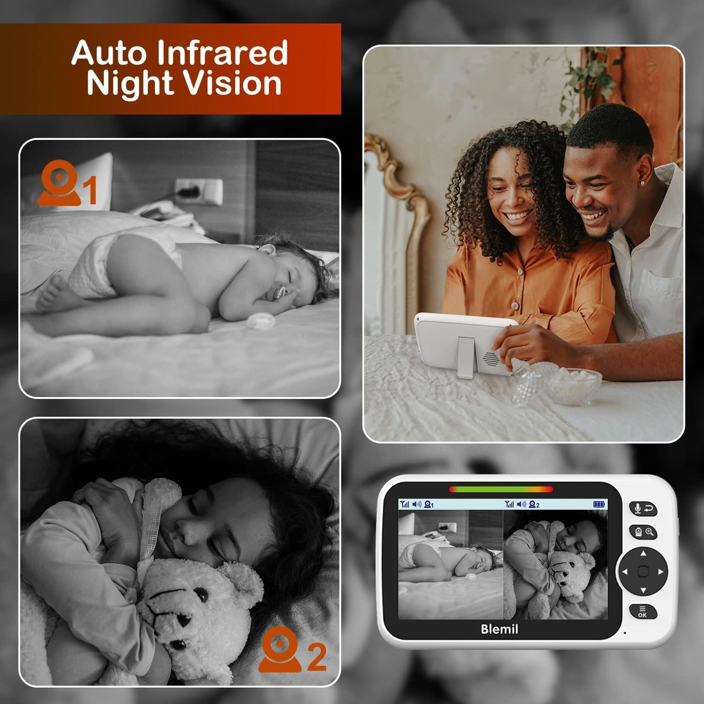Blemil Upgrade Baby Monitor with 30-Hour Battery, 5" Large Split-Screen Video Baby Monitor with 2 Cameras and Audio, Remote Pan/Tilt/Zoom, Two-Way Talk, Room Temperature, Auto Night Vision - Medaid International
