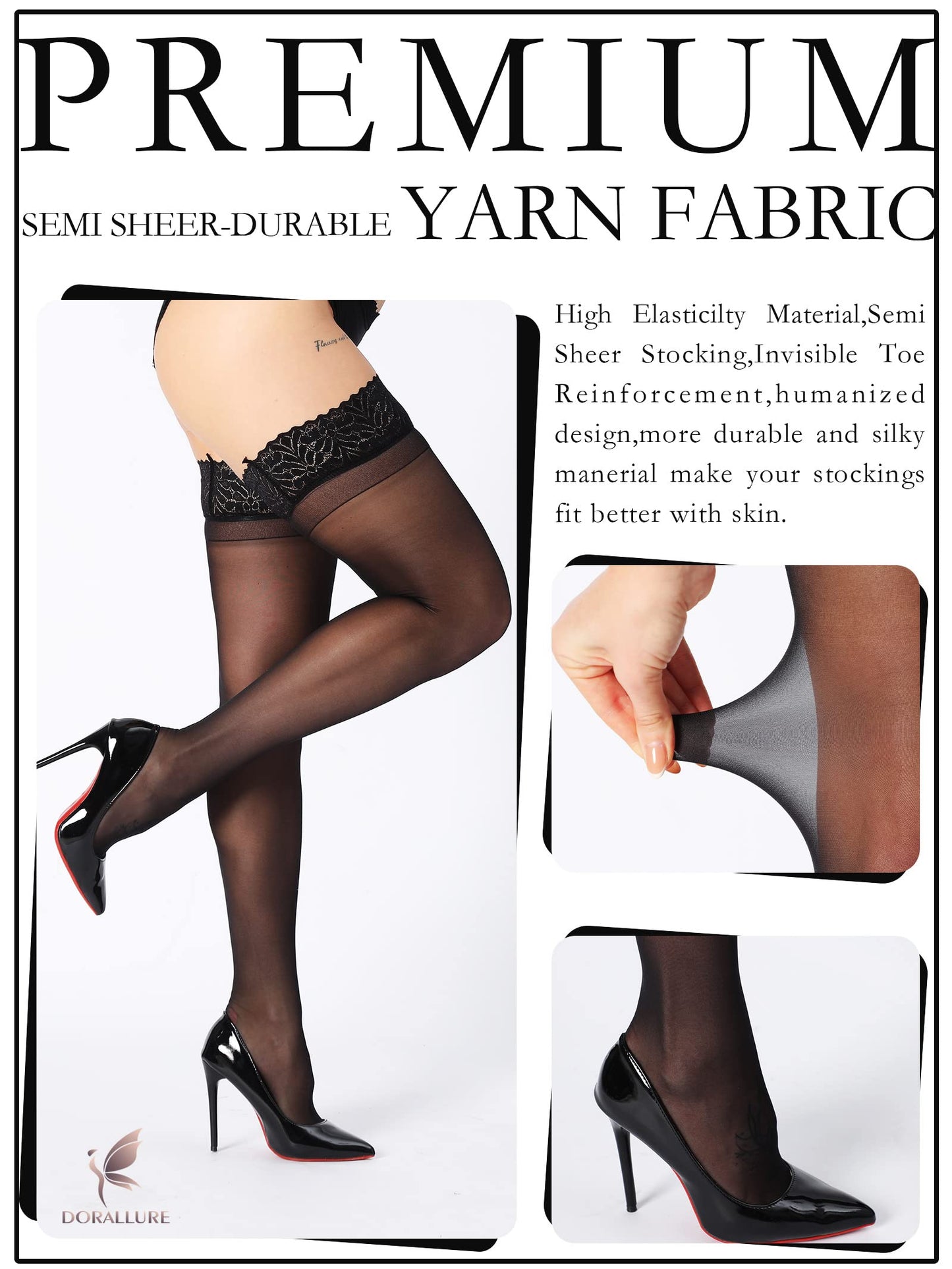 DORALLURE Thigh High Stockings Silicone Lace Top Stay Up Silky Semi Sheer Pantyhose for Women Hold Up Nylon,Black - Medaid International