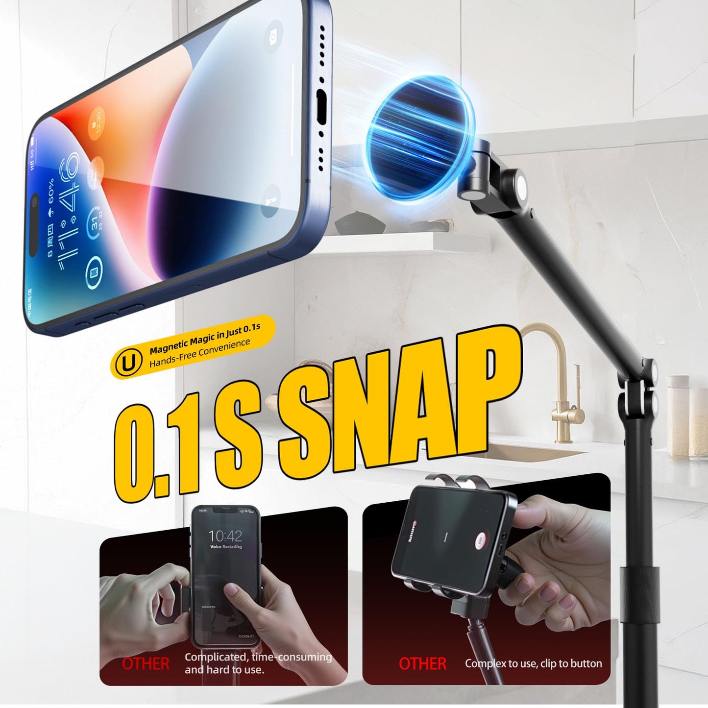 Magnetic Overhead Phone Stand for Desk - 360° Swivel & Tilt with MagSafe Compatible Holder, Cell Phone Stand Magnet Quick Mount for Recording, Cooking, Painting, Zoom Meetings, TikTok Live & Gaming - Medaid International