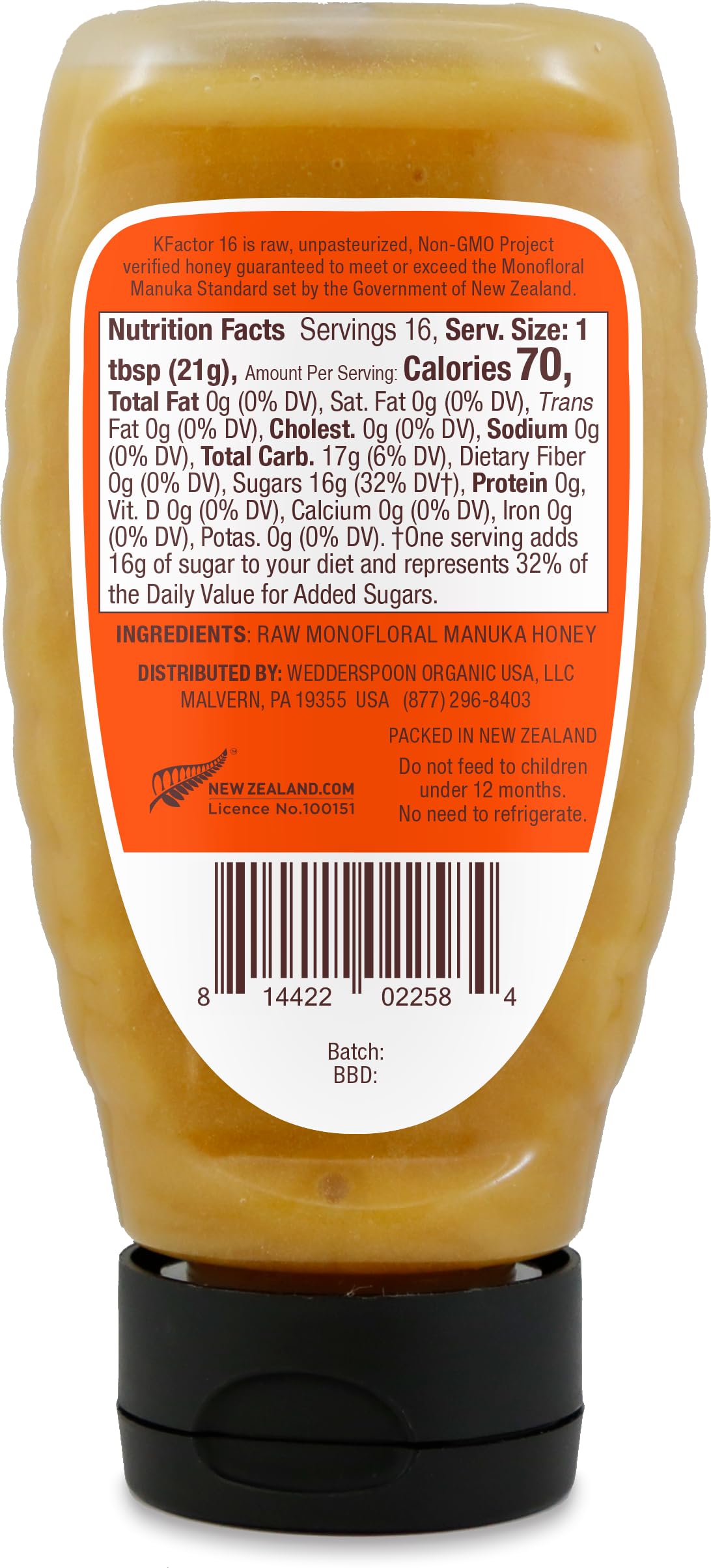 Wedderspoon Raw Manuka Honey, Unpasteurized, Genuine New Zealand Honey, Multi-Functional, Non-GMO Superfood, Convenient Squeeze Bottle, KFactor 16, 12 Ounce - Medaid International
