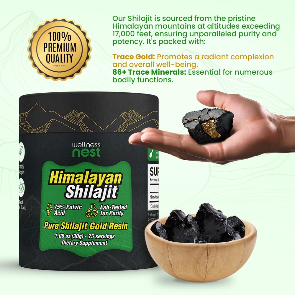 Wellness Nest Gold Grade Pure Himalayan Shilajit Resin: Ultimate Potency for Men & Women - 24k Gold, 75%+ Fulvic Acid, Lab Test Report Included - 30g (1 Pack), 75 Servings - Medaid International