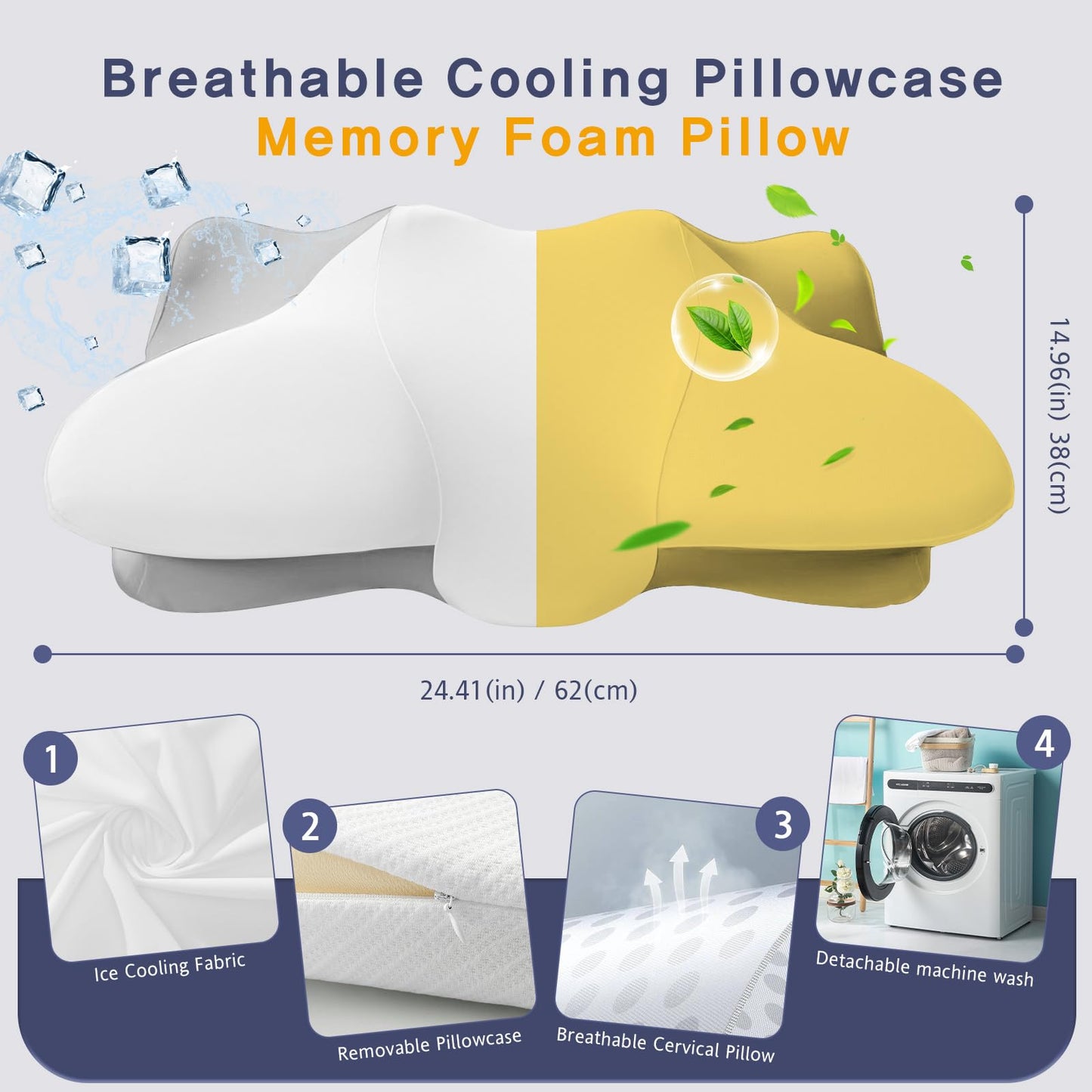 Dual-Height Cervical Neck Pillow for Pain Relief, Memory Foam Pillows with Cooling Tech -3D Ergonomic Support, Cooling Cover, for Side/Back/Stomach Sleeper Pillow, Minimalist Style - Gray,White - Medaid International