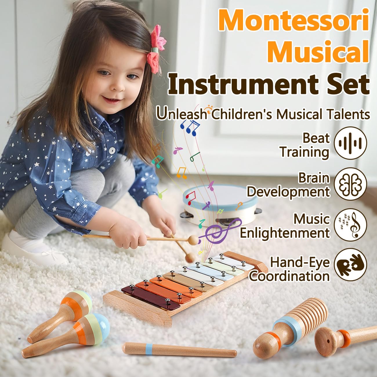 Baby Musical Instruments - Montessori Musical Toys for Toddlers 1-3, Wooden Percussion Instruments Set, Neutral Colors Modern Boho Music Toys for 1 Year Old, Kids Preschool Educational Birthday Gifts - Medaid International