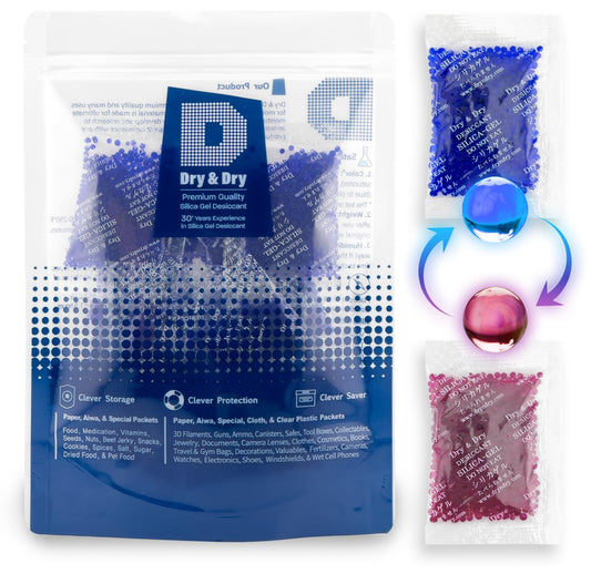 Dry & Dry Blue Indicating(Blue to Pink) Silica Gel Packets Desiccants - Rechargeable Silica Packets, Silica Gel Packs - Blue,Clear,Pink - 50 Packets (10 Gram) - Medaid International