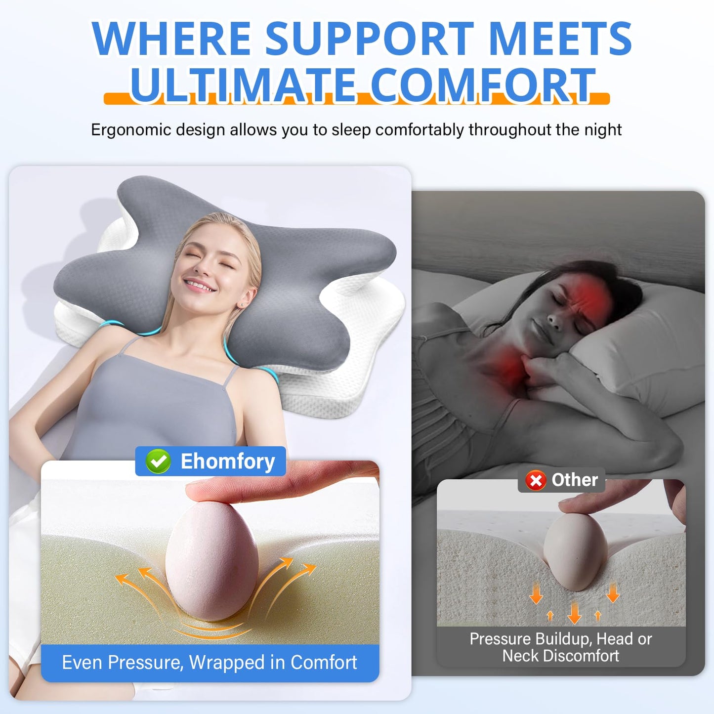 Ehomfory Cervical Pillow for Neck Pain Relief, Hollow Design Odorless Memory Foam Pillows with Cooling Case, Adjustable Orthopedic Bed Pillow for Sleeping, Support for Side Back Sleepers (Gray) - Medaid International