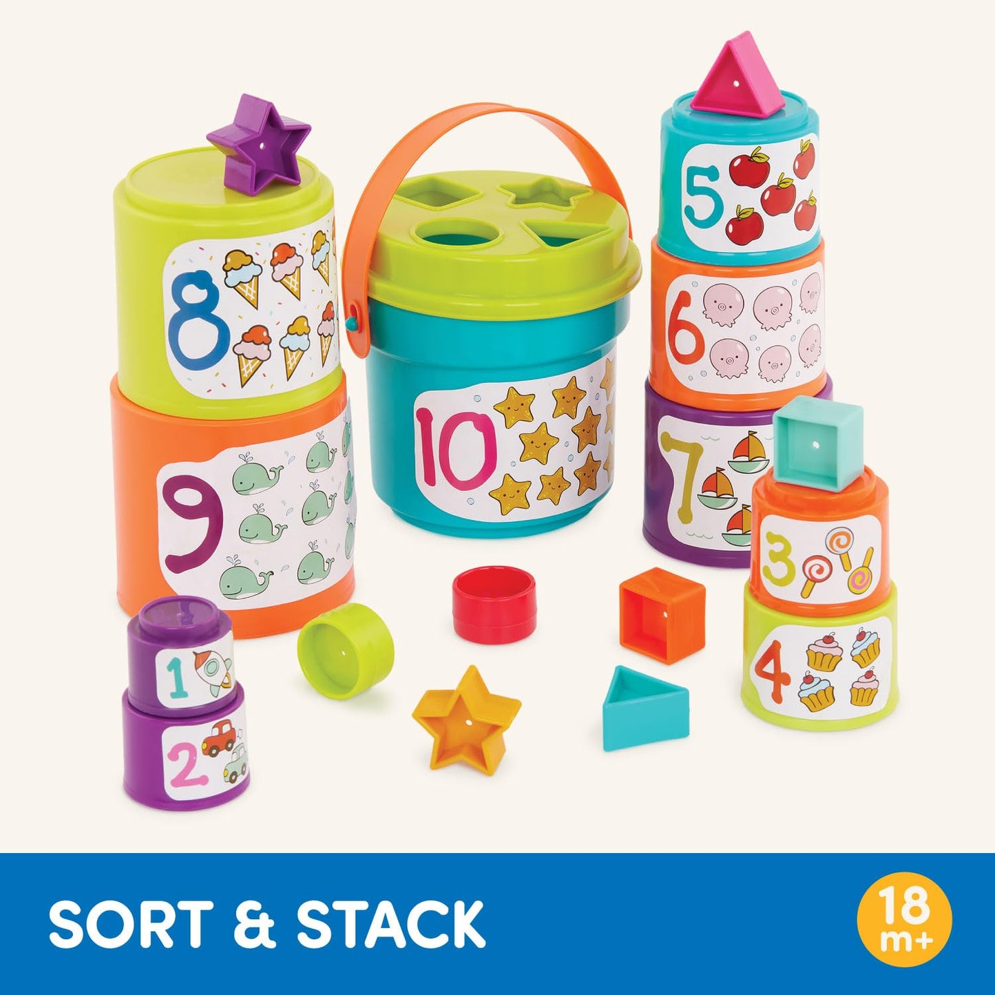 Battat – Nesting Sorter Set – 19 Pieces Stacking Bucket Sort Set – 10 Cups & 8 Shapes – Educational & Dexterity Toys – 18+ Months – Sort & Stack - Medaid International