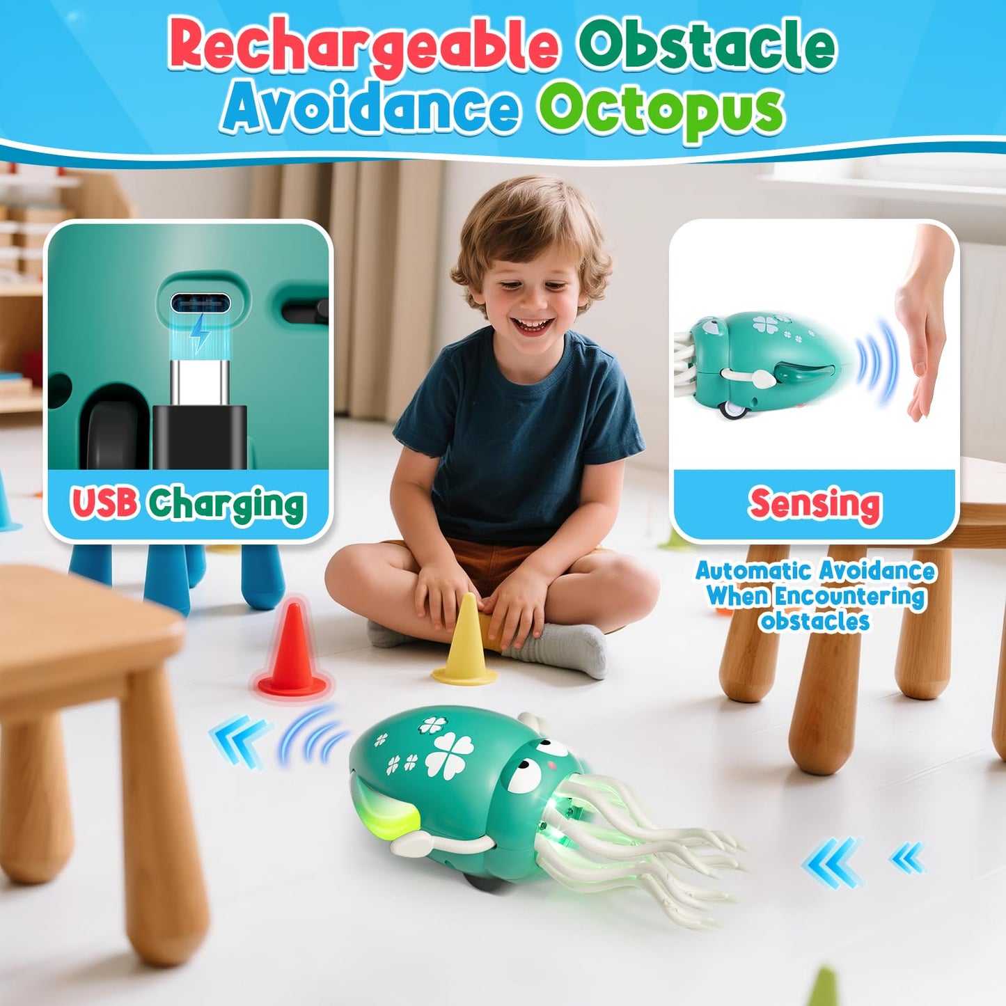 Dancing Octopus Baby Toy, Electric Crawling Octopus Tummy Time Toy, Rechargeable Magic Dancing Music Squid Baby Toys for 3 4 5 Year Old Kids Boy Girl Birthday Gifts Christmas Stocking Stuffers(Green) - Medaid International