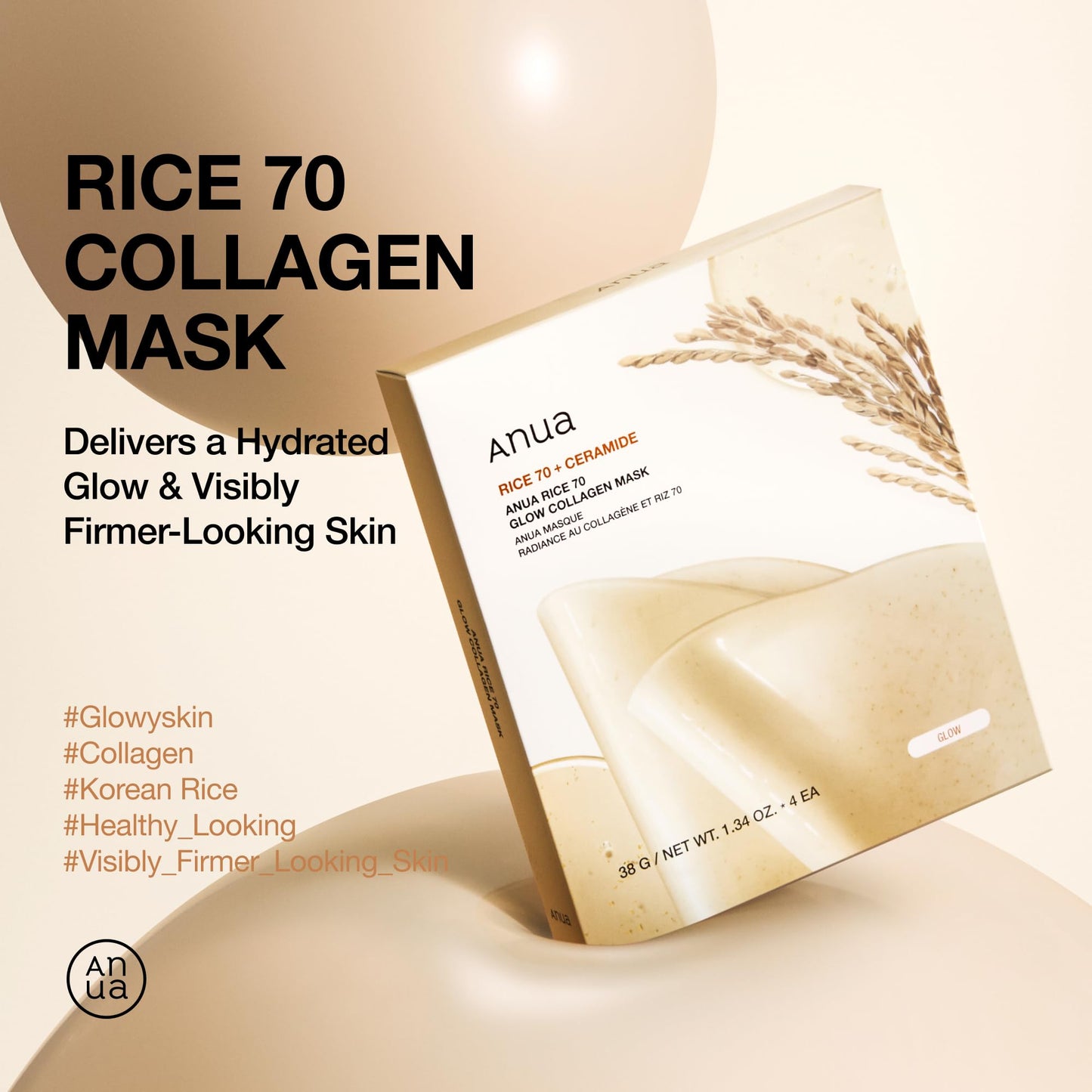 ANUA Rice 70 Glow Collagen Mask, Overnight Face Mask for Glass Skin, Ceramide, Collagen Facial Mask, Skin Moisture Barrier, Tightening Care, Natural Color, Korean Skin Care (38g, 4ea) - Medaid International
