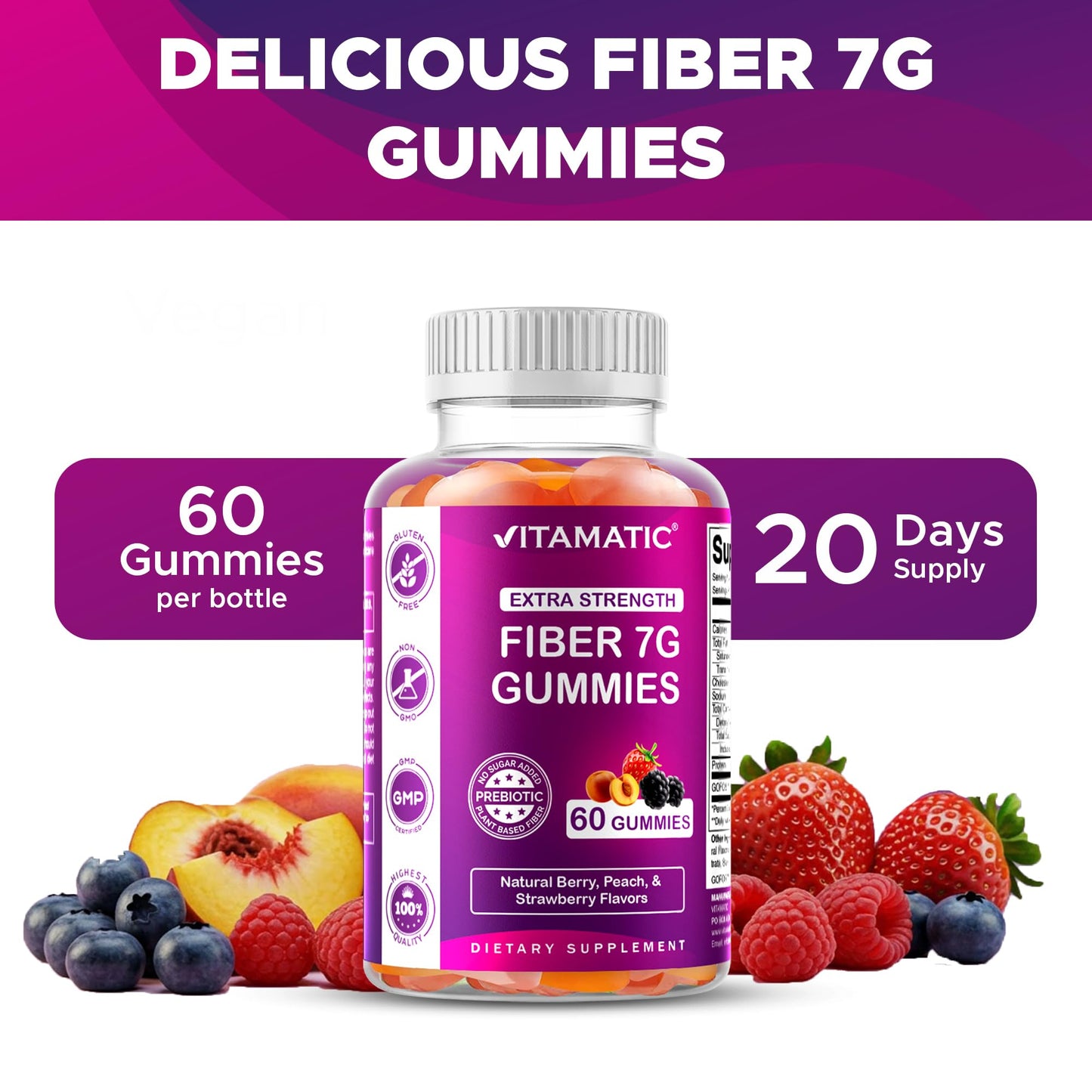 Vitamatic Prebiotic Fiber Gummies for Adults – 7g Fiber per Serving – 60 Pectin-Based Gummies Extra Strength, Zero Sugar Added – Supports Digestive Health & Regularity – Non-GMO, Vegan, Gluten-Free - Medaid International