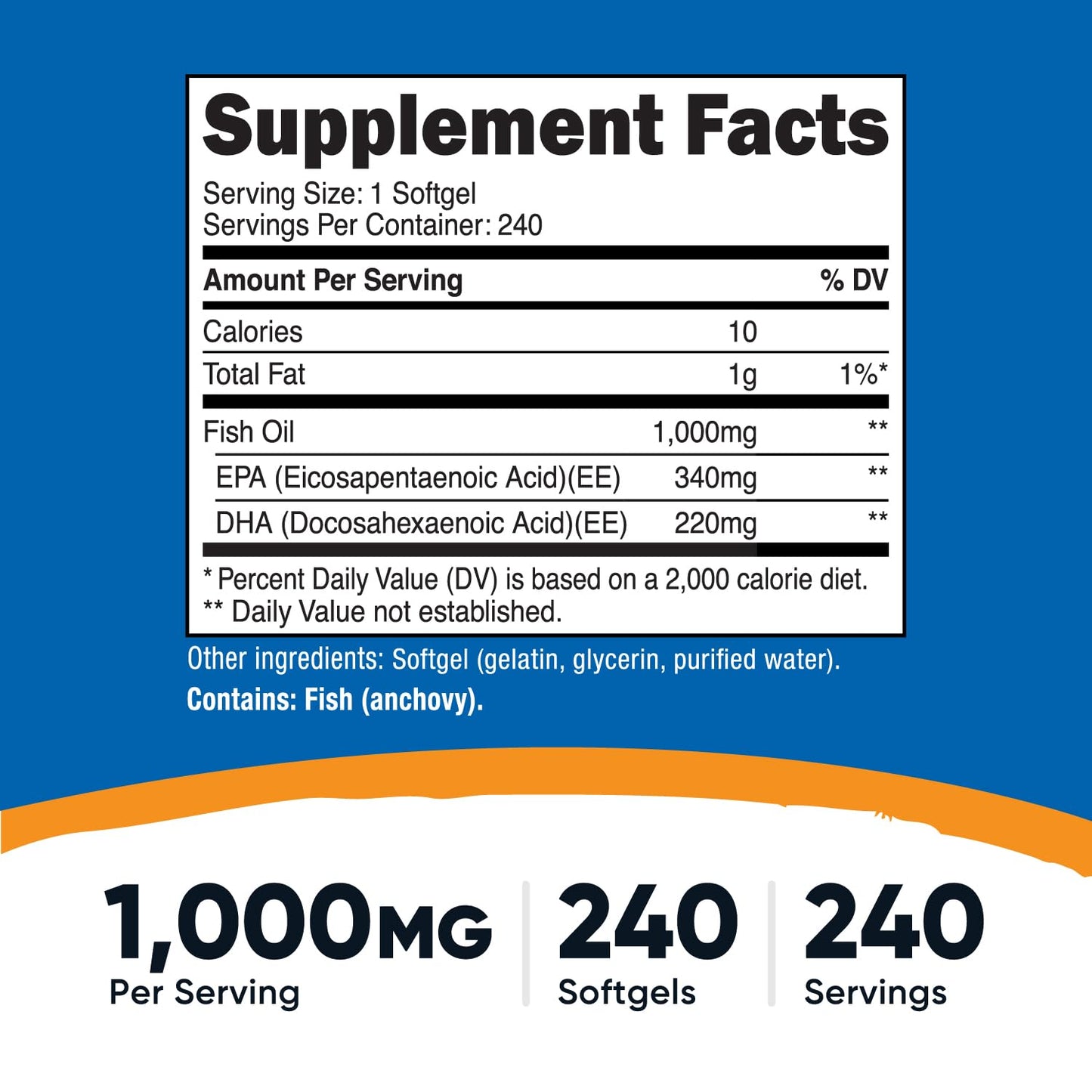 Nutricost Fish Oil Omega 3 Softgels with EPA & DHA (1000mg of Fish Oil, 560mg of Omega-3), 240 Softgels, Non-GMO, Gluten Free. - Medaid International