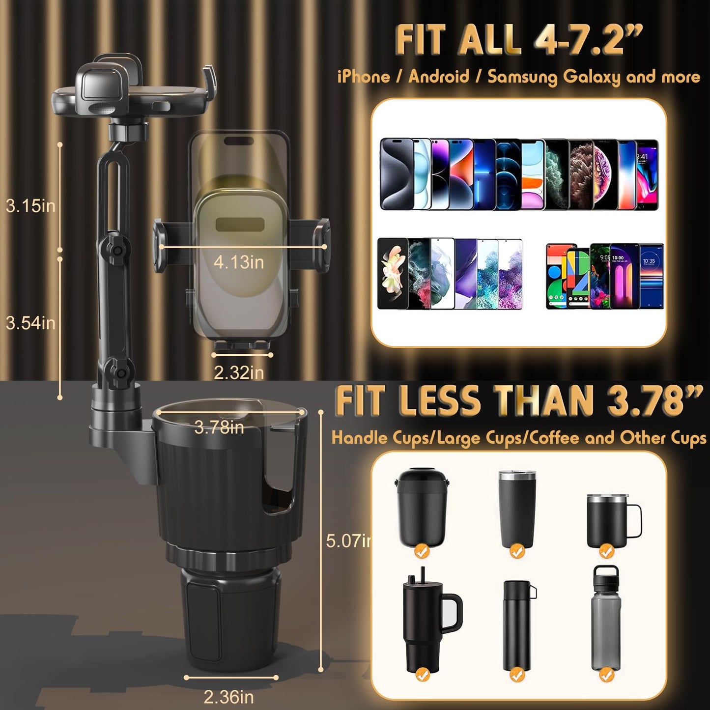 Phone Holders for Your Car, 2 in 1 Universal Cup Holder Expander Adjustable Base with Phone Mount, Long Arm with 360°Rotation Cup Holder Phones Mount for Car Compatible with All Smartphones - Medaid International