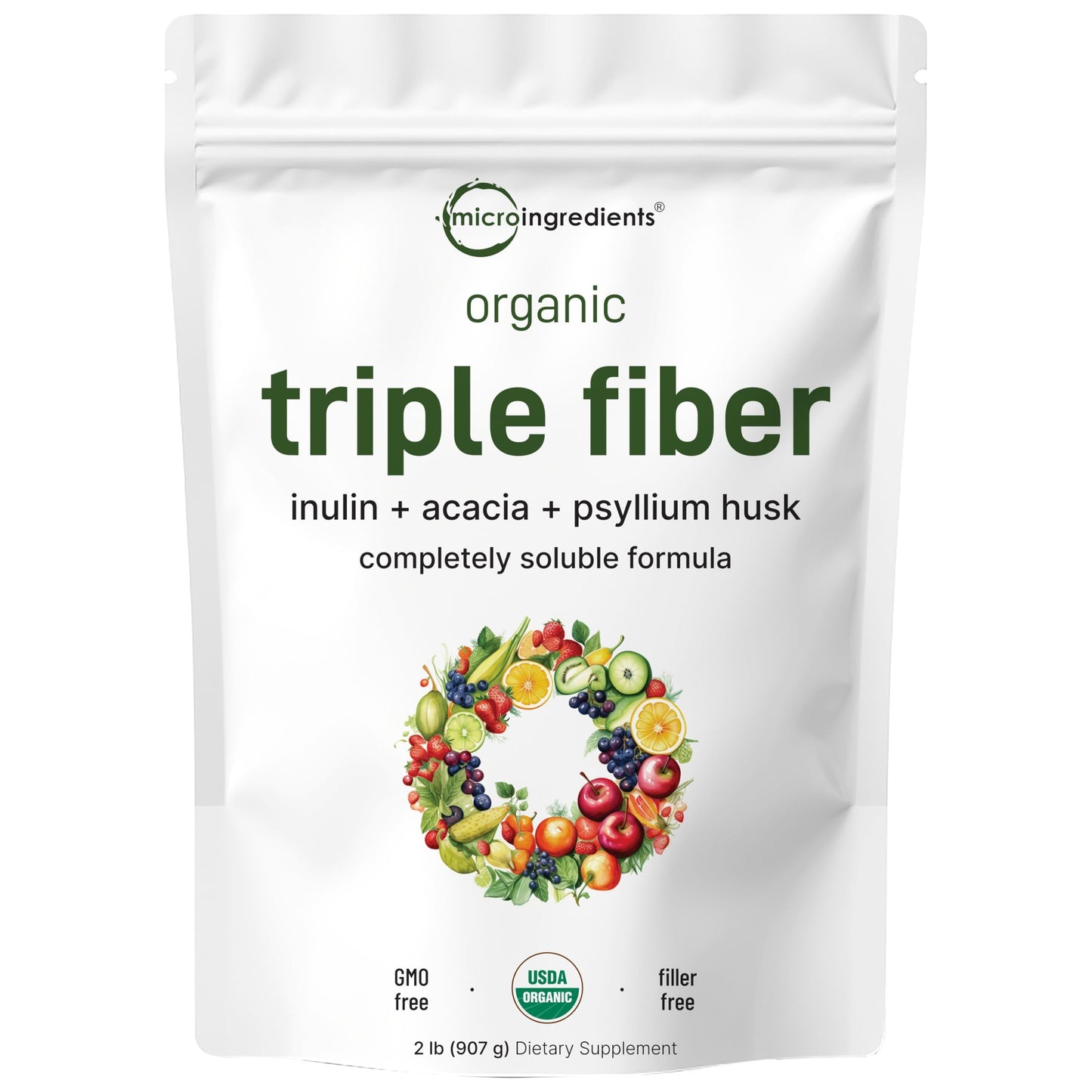 Micro Ingredients Organic Triple Fiber Powder, 2lb | Natural Prebiotic to Support Digestive & Gut Health | Soluble, Easily Digestible | Unflavored, Vegan - Medaid International