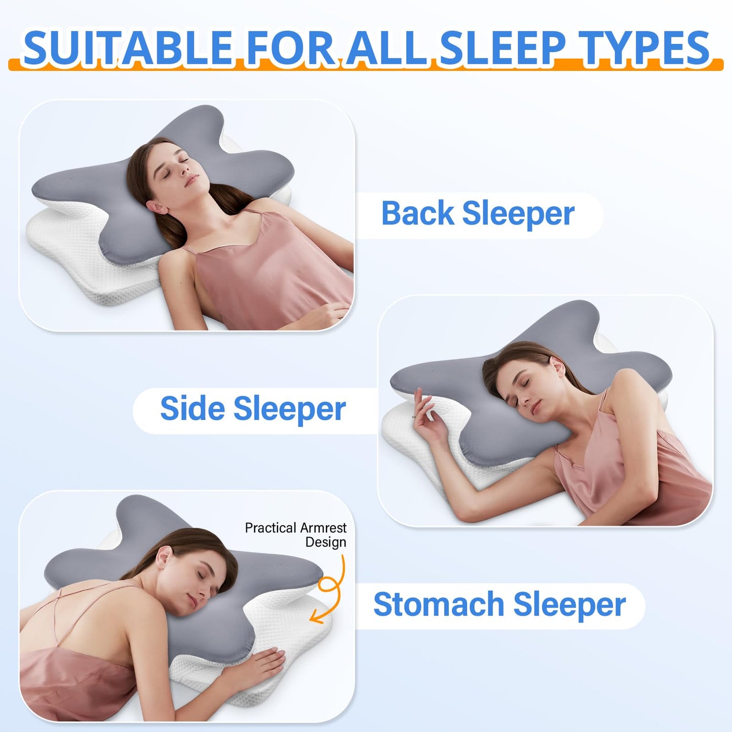 Ehomfory Cervical Pillow for Neck Pain Relief, Hollow Design Odorless Memory Foam Pillows with Cooling Case, Adjustable Orthopedic Bed Pillow for Sleeping, Support for Side Back Sleepers (Gray) - Medaid International