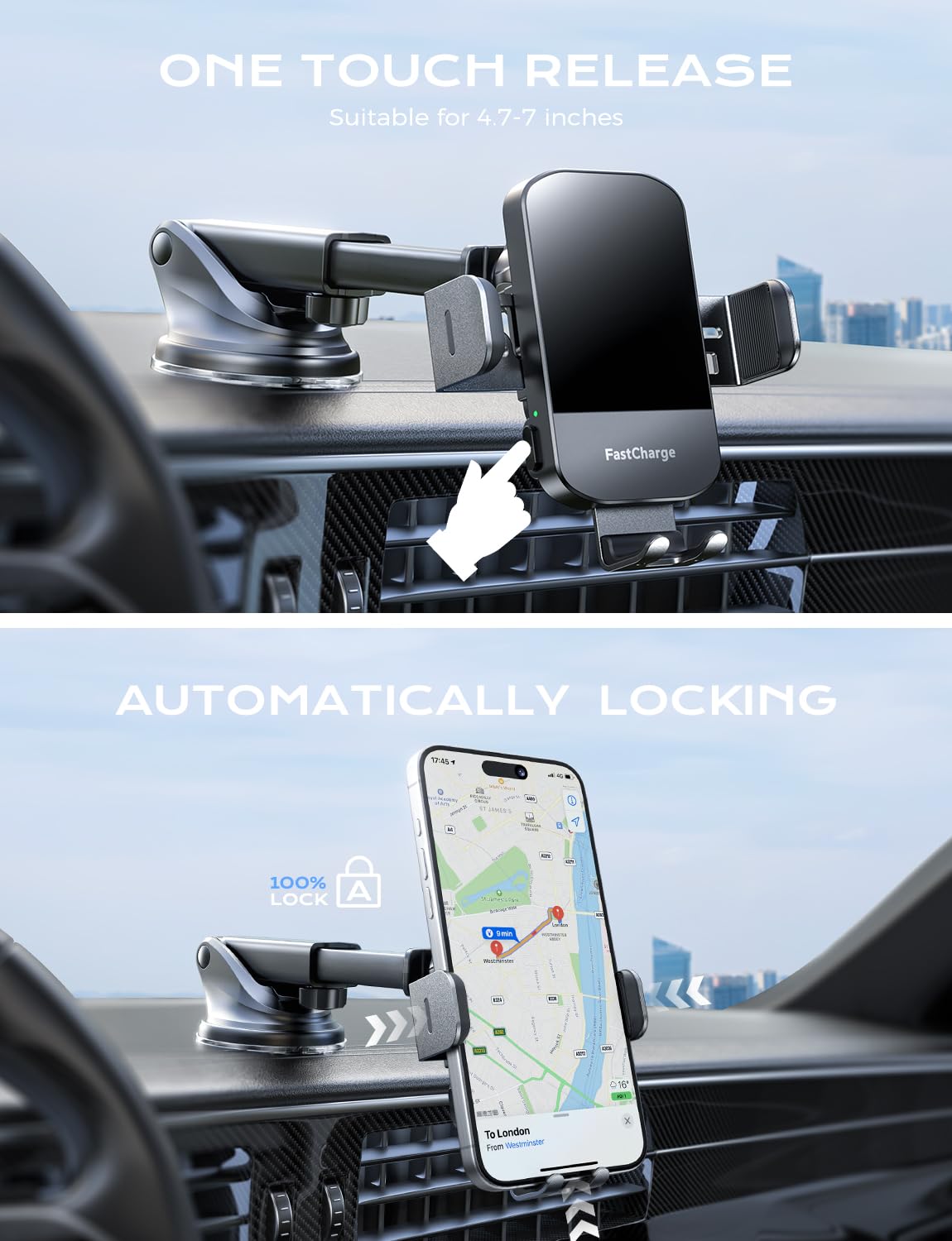 CHGeek Wireless Car Charger, 15W Fast Charging Auto Clamping Car Charger Phone Mount Phone Holder fit for iPhone 16 15 14 13 12 Pro Max 11 XR XS, Samsung Galaxy S24 Ultra S23 S22 S21, S20, S10+, Black - Medaid International