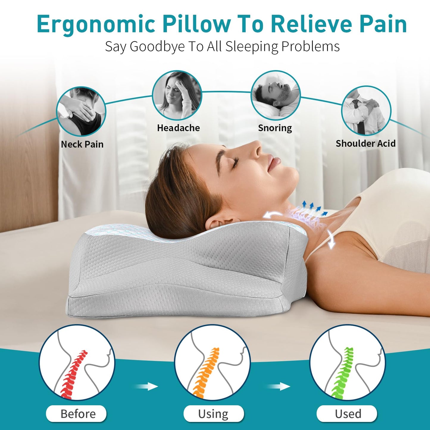 Cervical Pillow for Neck Pain Relief - Ergonomic Pillow for Sleeping Side Sleeper Pillow for Adults, Contour Neck Pillow Cooling Memory Foam Pillows, Orthopedic Bed Pillow for Back Stomach Sleepers - Medaid International