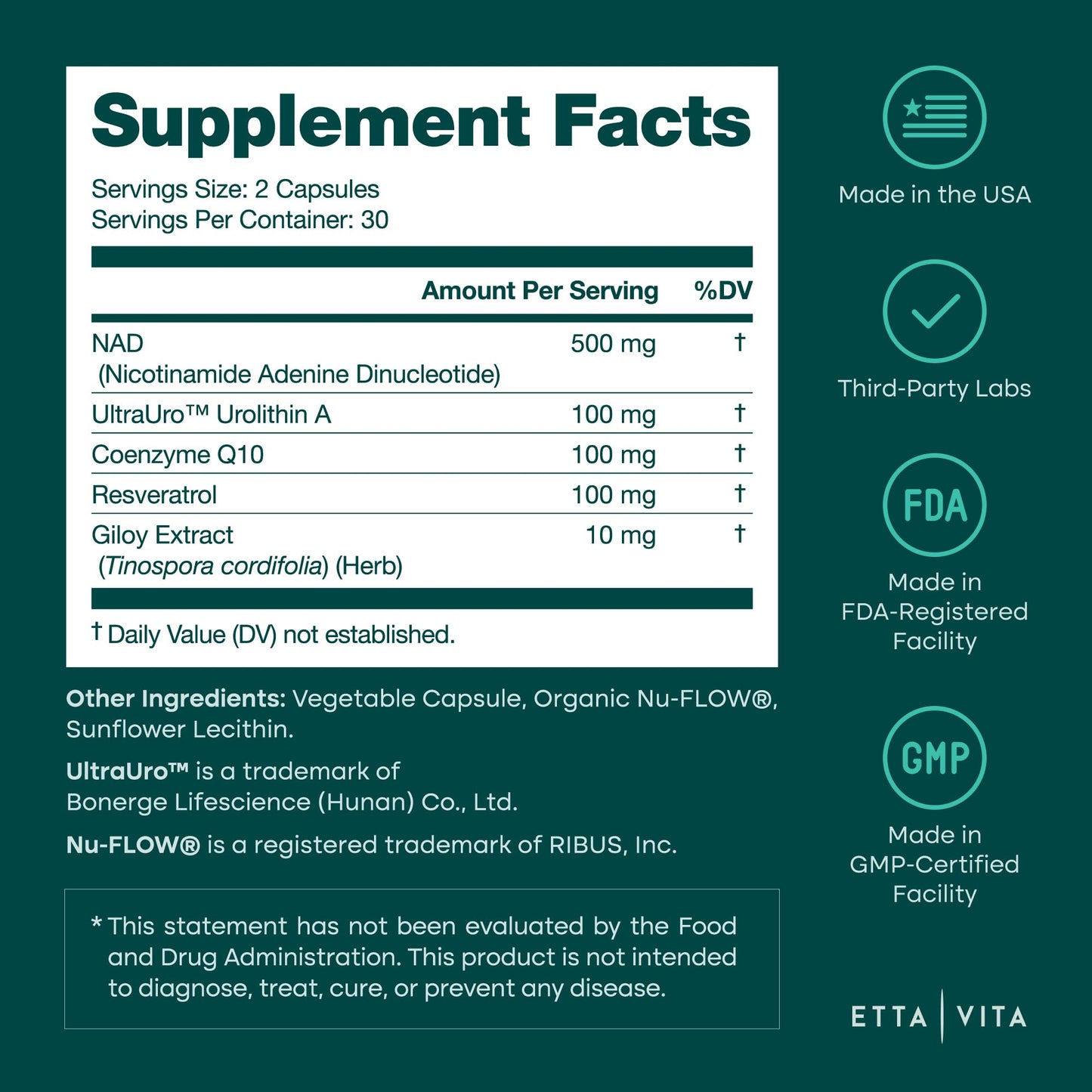 Liposomal NAD+ Supplement 500mg with Urolithin A, CoQ10, Resveratrol & Giloy (Made in USA), NAD Supplement for Cellular Energy, Cognitive, Anti-Aging & Detox Support - 3rd Party Tested Vegan, Non-GMO - Medaid International