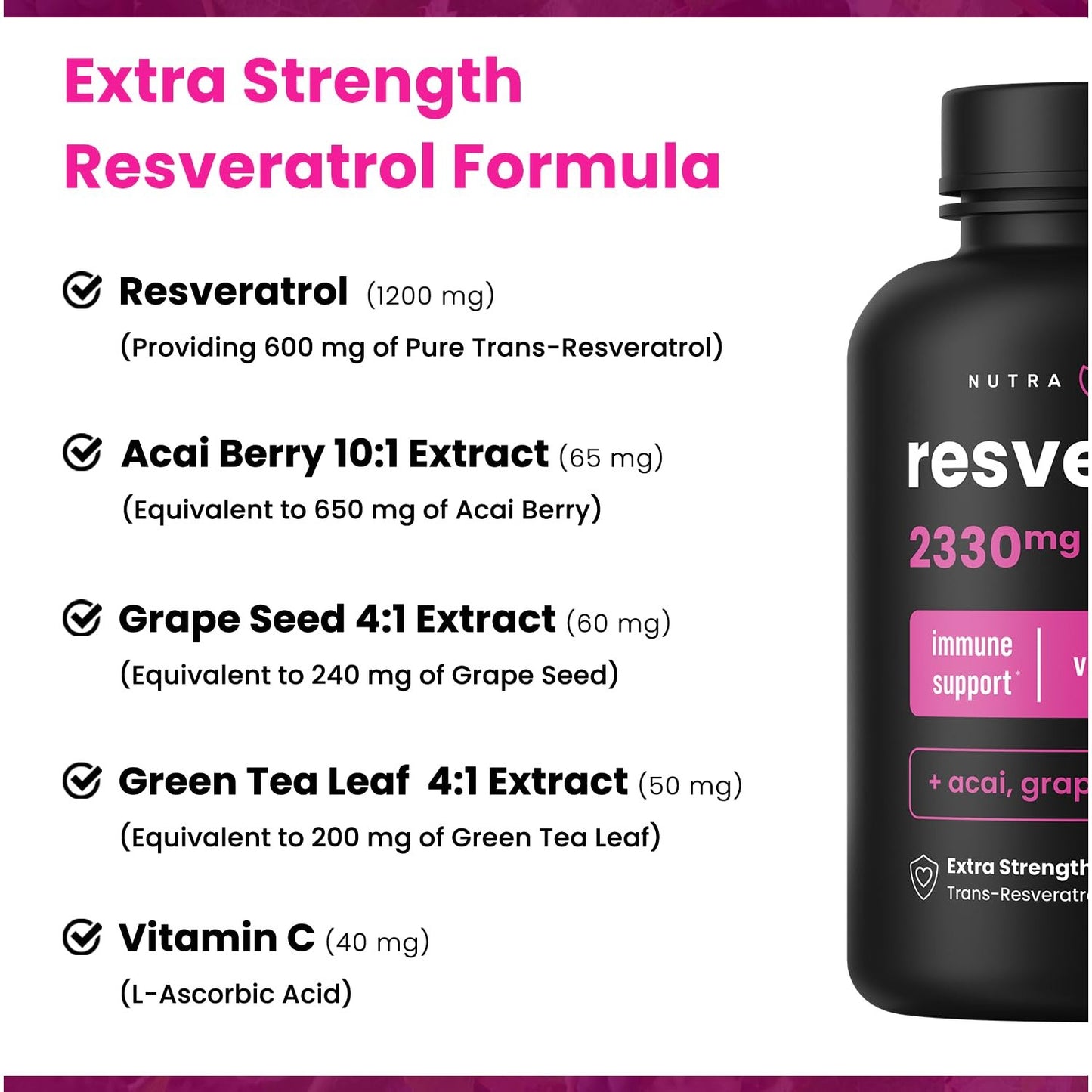 NutraChamps Resveratrol Supplement, Extra Strength Formula for Healthy Aging, Immune Support, 60 Vegan Capsules with Trans-Resveratrol, Green Tea Leaf, Acai Berry & Grape Seed Extract - Medaid International