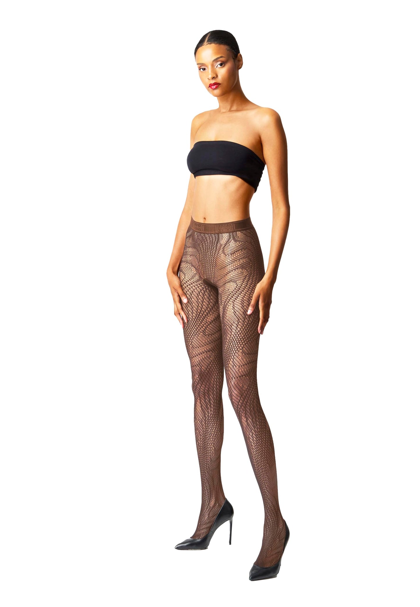 Wolford Snake Net Tights for Women Seamless Warp-Knit Fishnet Pantyhose Snakeskin Pattern Matt Finish Logo Elastic Waistband Umber Large - Medaid International