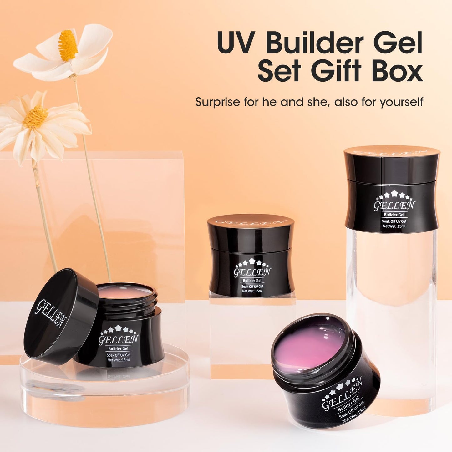 Gellen Professional Extension Poly Gel Soak Off UV Builder Gel Set Acrylic Nail Kit, DIY Home Gel Manicure (15ml, 4 Colors), Peach Clear Pink Lavender - Medaid International