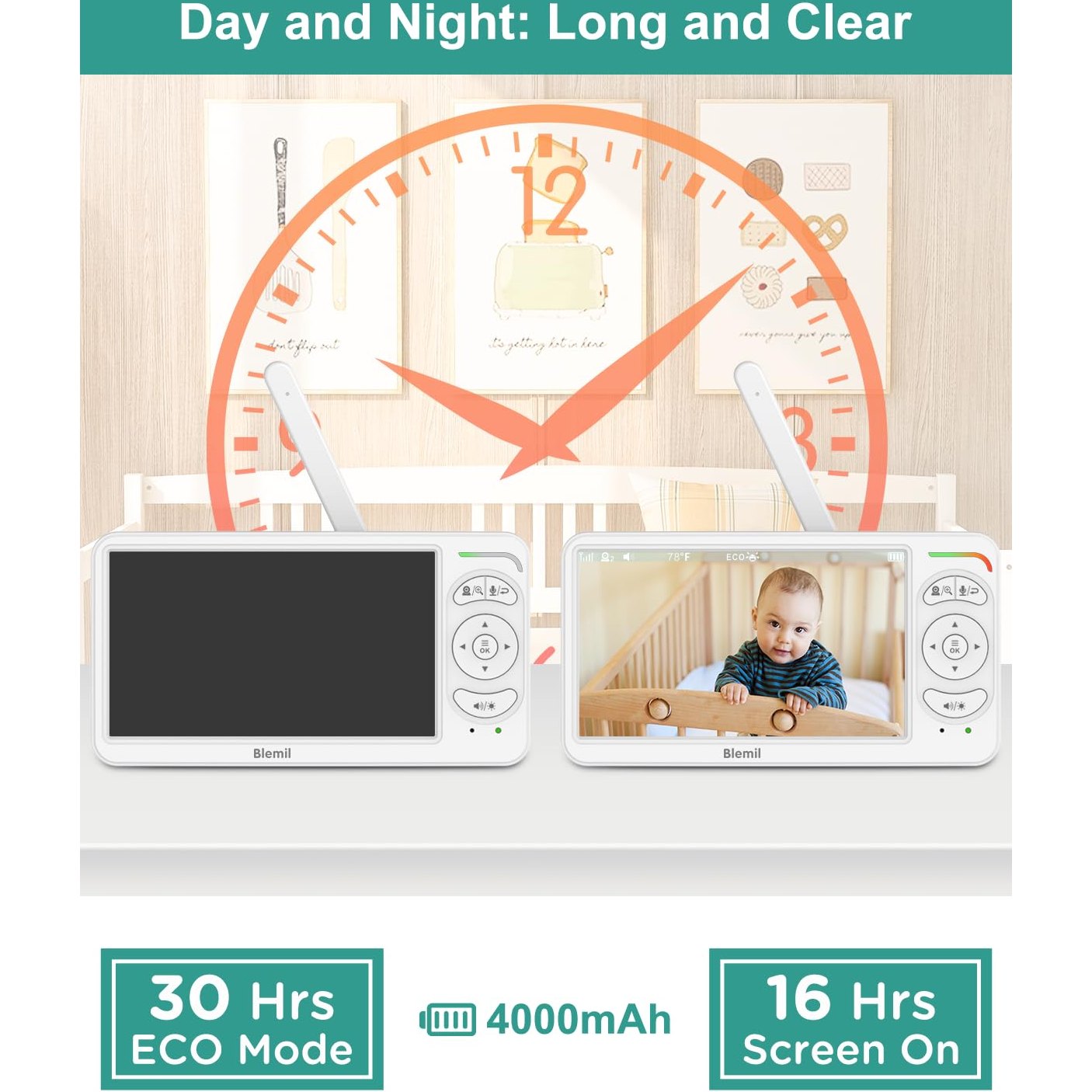 Blemil 6" Baby Monitor with 2 Cameras 4000mAh Battery Upgrade Split Screen Video Baby Monitor No WiFi Remote Pan-Tilt-Zoom Auto-Night Vision 150 Languages ECO Mode 2-Way Talk 1000FT (Ideal Condition) - Medaid International
