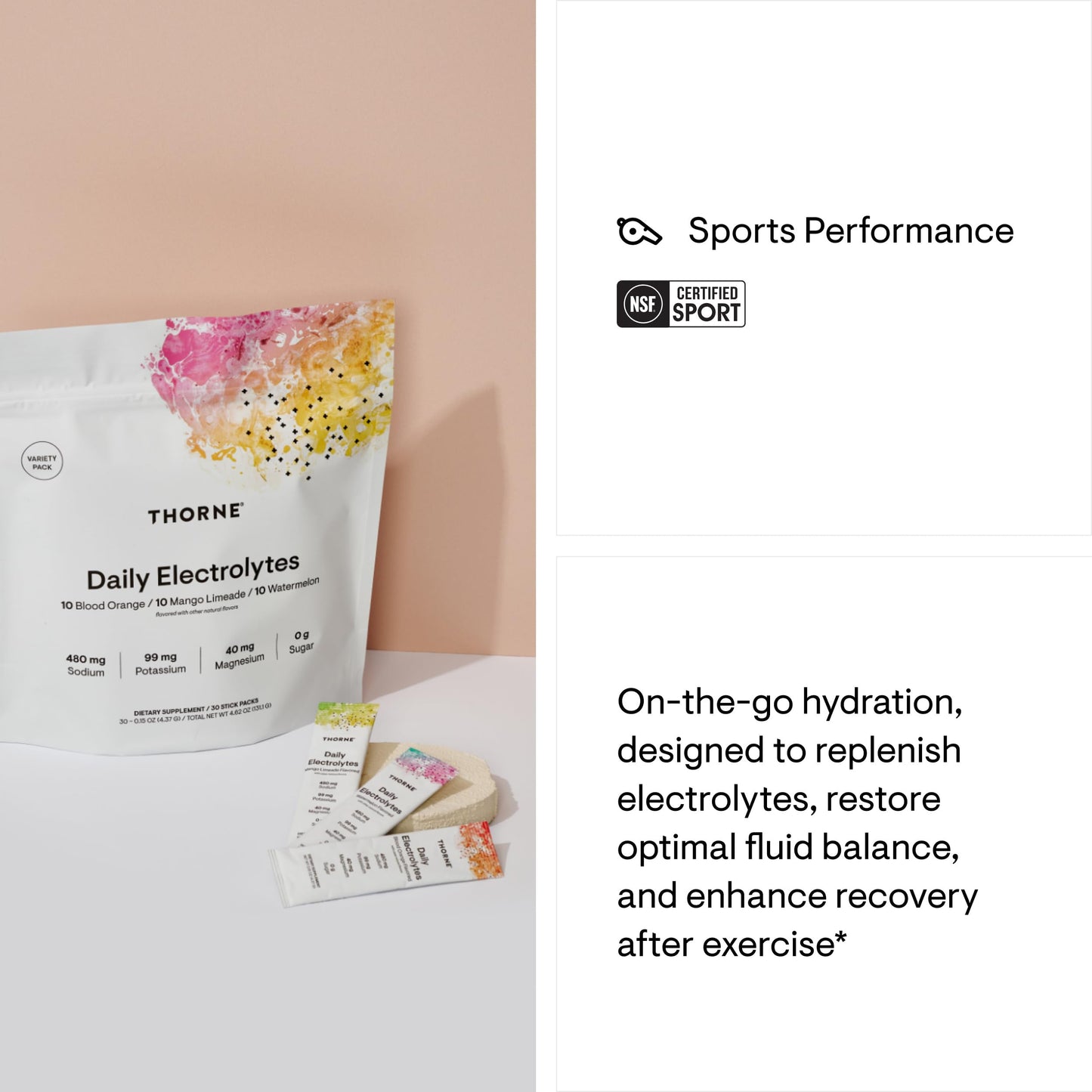 THORNE - Daily Electrolytes - Zero Sugar & Low-Calorie Electrolyte Drink Mix - Naturally Flavored & Sweetened - NSF Certified for Sport - Variety - 30 Stick Packs - Medaid International